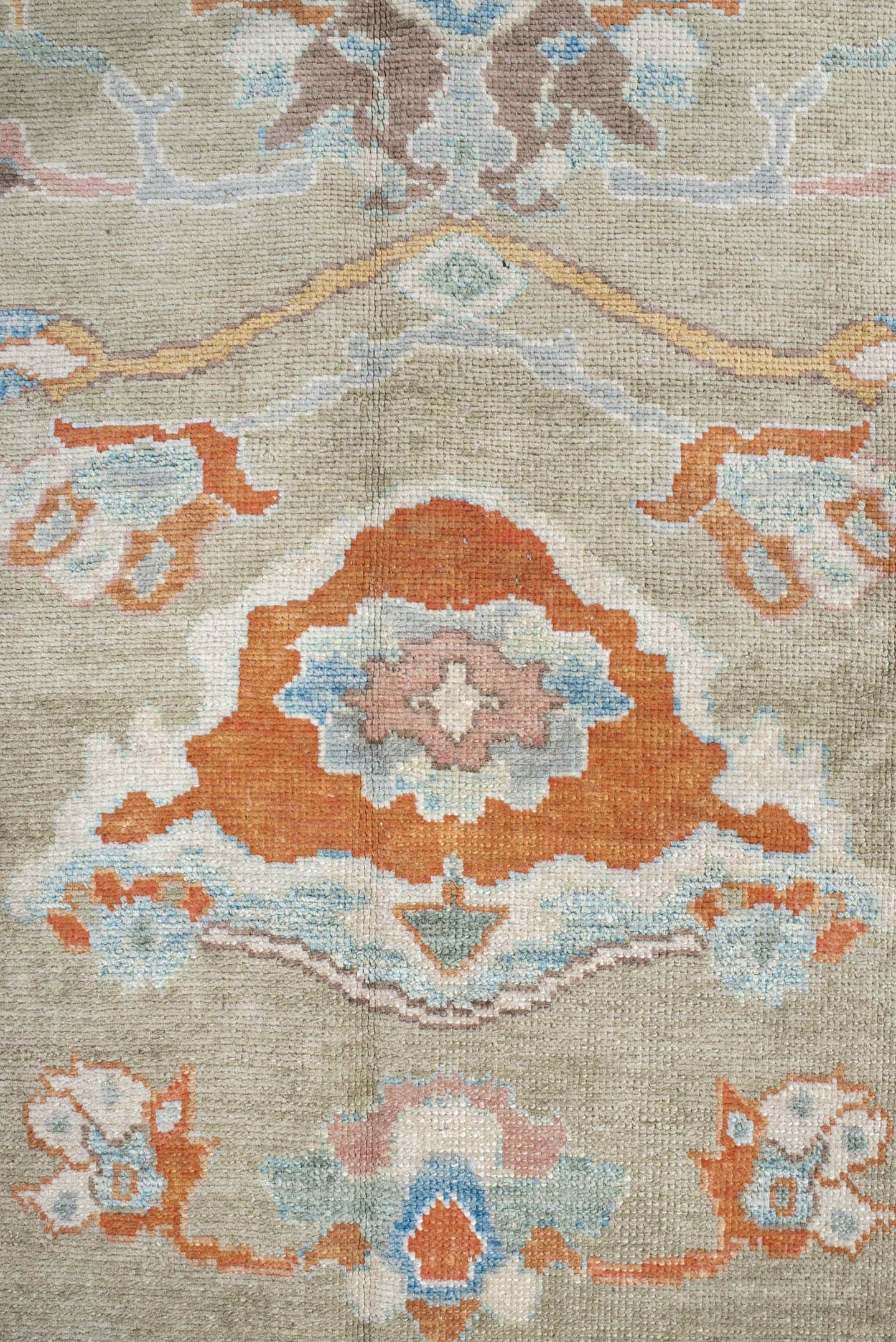 10' x 13' one-of-a-kind handmade vintage Sultanabad large size rug. Color palette: sage, ivory, sky blue, coral, taupe