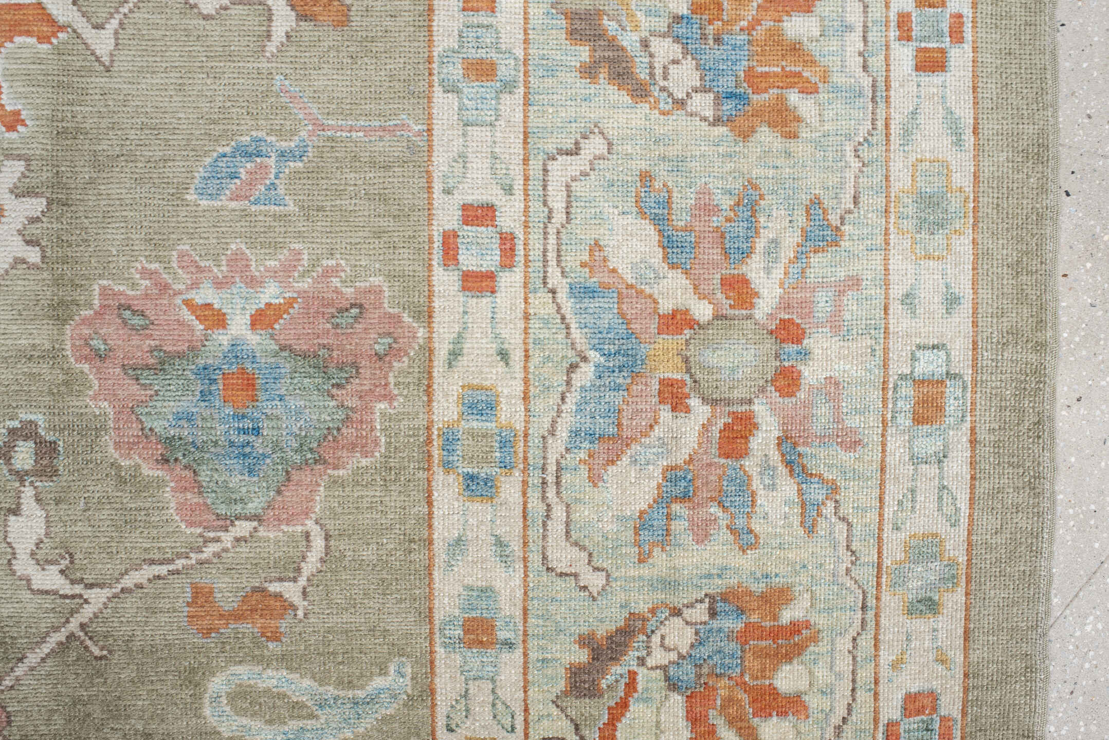 10' x 13' one-of-a-kind handmade vintage Sultanabad large size rug. Color palette: sage, ivory, sky blue, coral, taupe