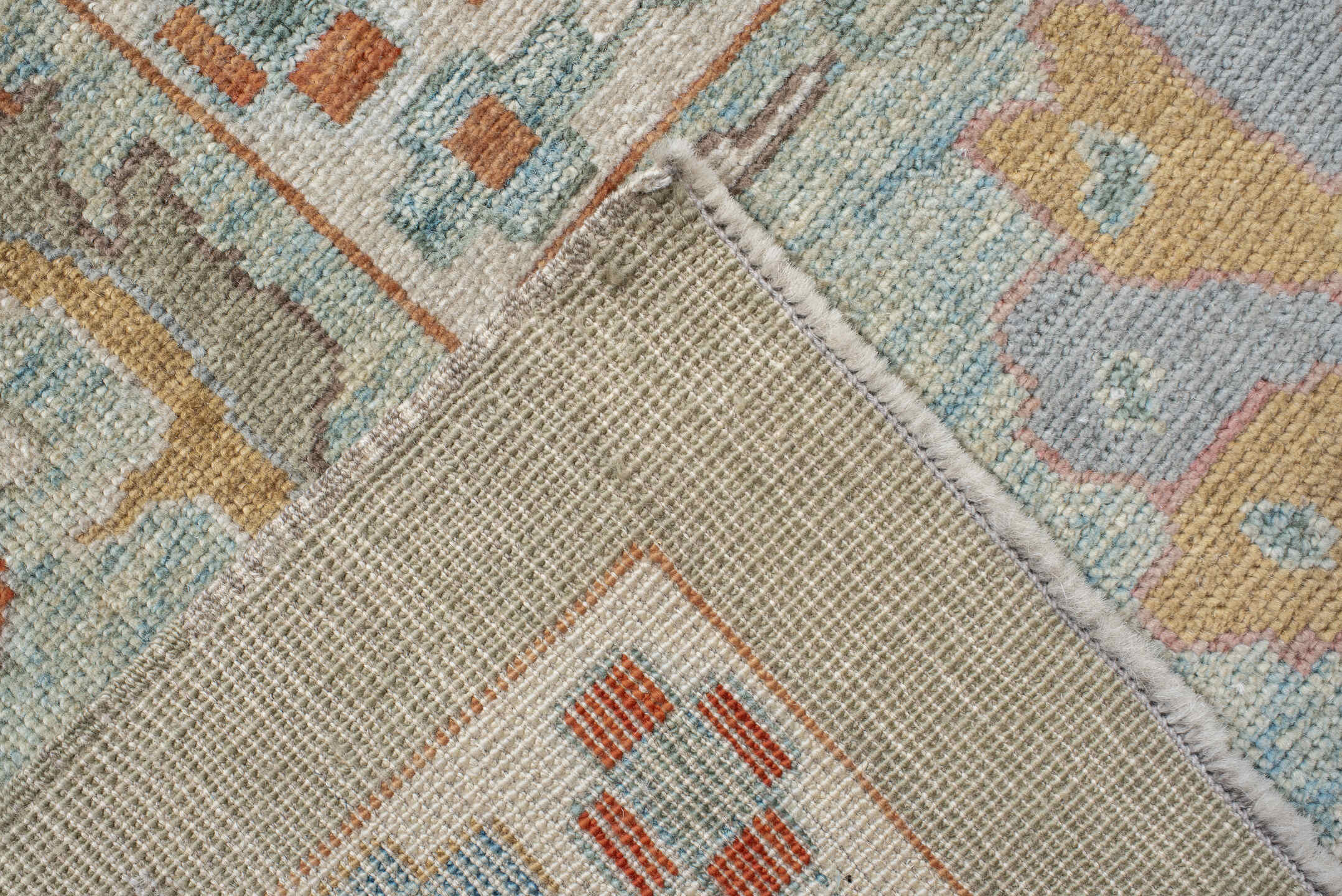 10' x 13' one-of-a-kind handmade vintage Sultanabad large size rug. Color palette: sage, ivory, sky blue, coral, taupe