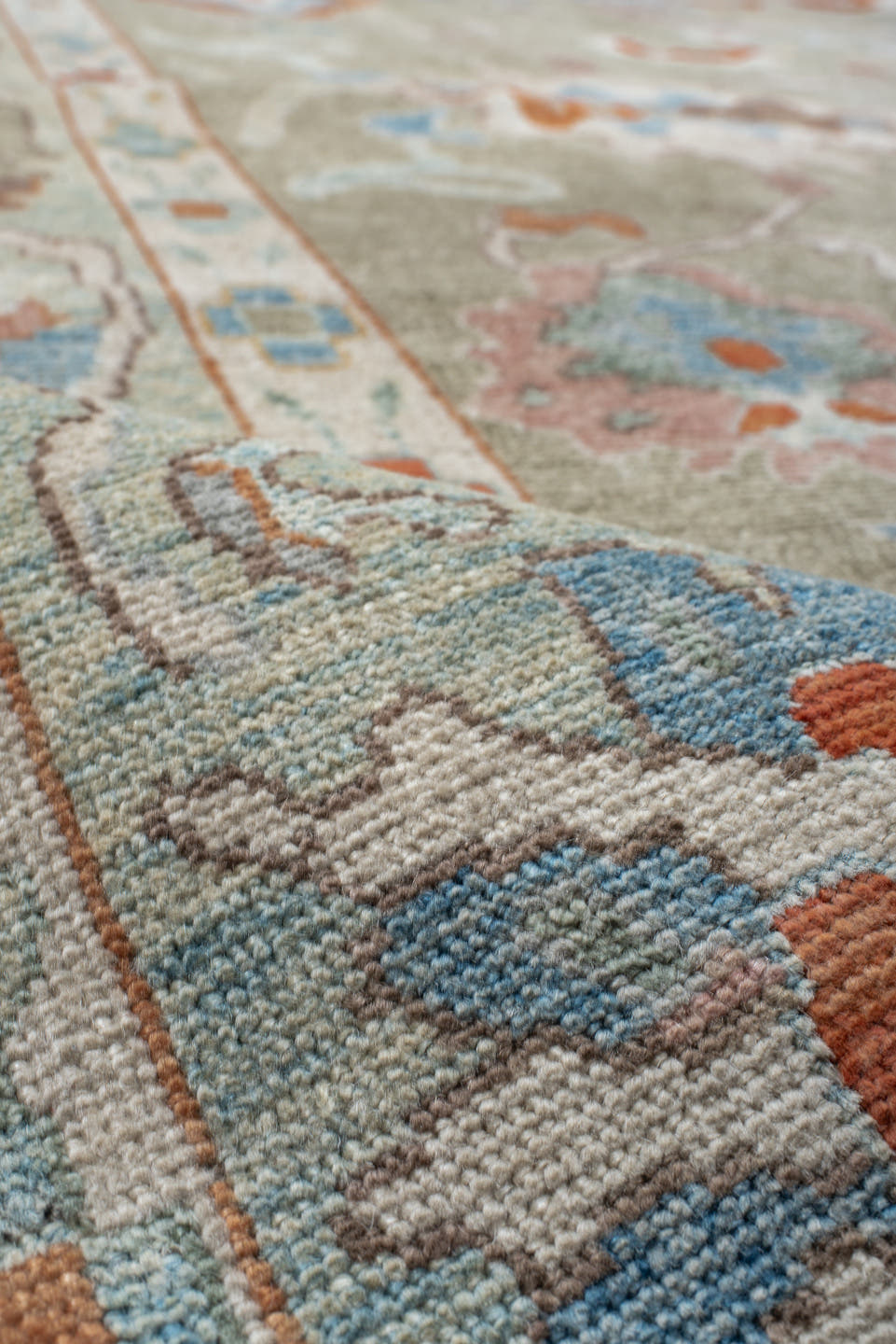 10' x 13' one-of-a-kind handmade vintage Sultanabad large size rug. Color palette: sage, ivory, sky blue, coral, taupe