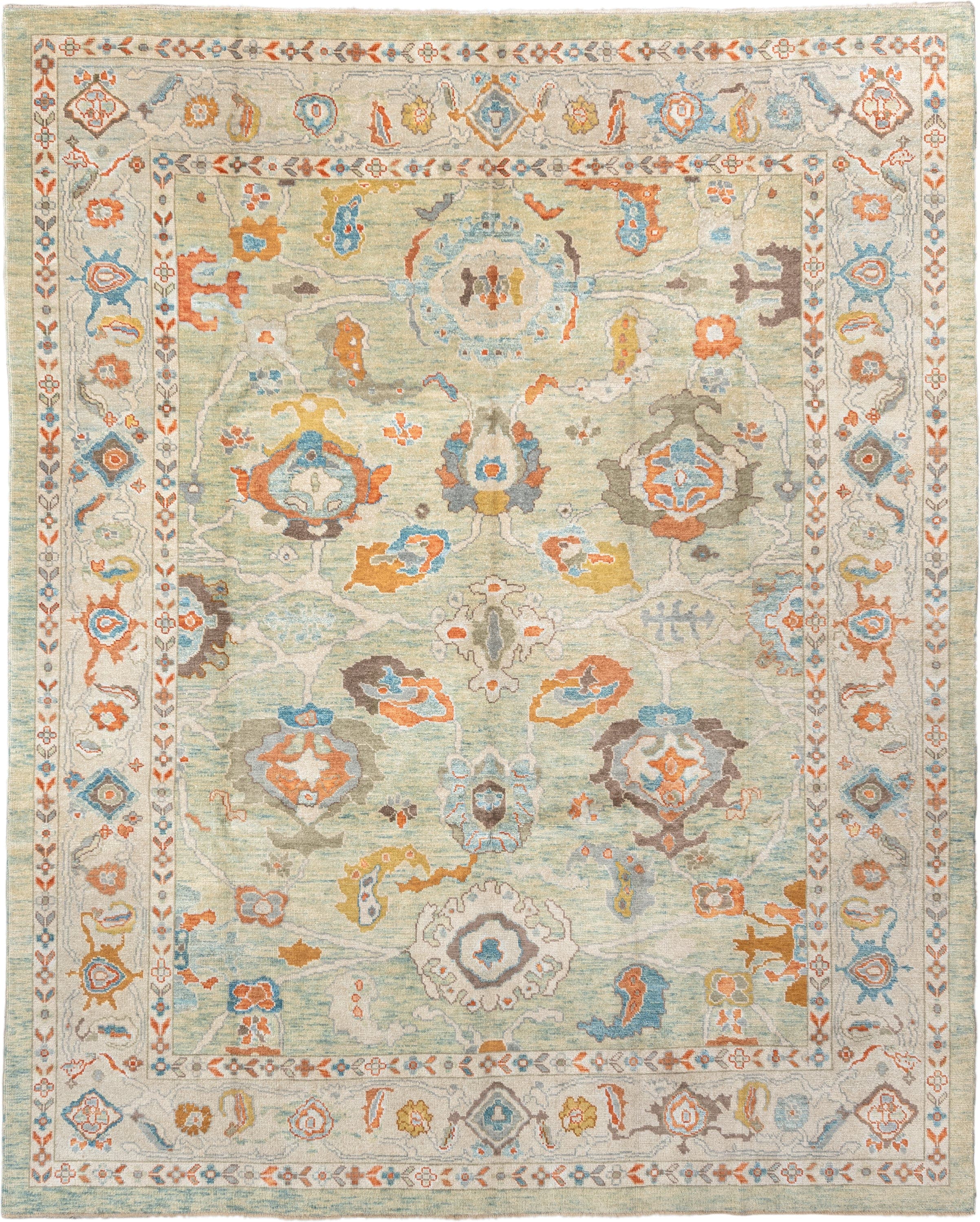 8' x 10' one-of-a-kind handmade vintage Sultanabad large size rug. Color palette: aqua, ivory, rust, sky blue, taupe, gold