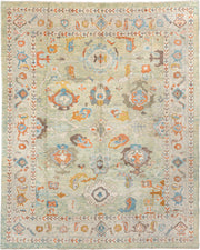 8' x 10' one-of-a-kind handmade vintage Sultanabad large size rug. Color palette: aqua, ivory, rust, sky blue, taupe, gold