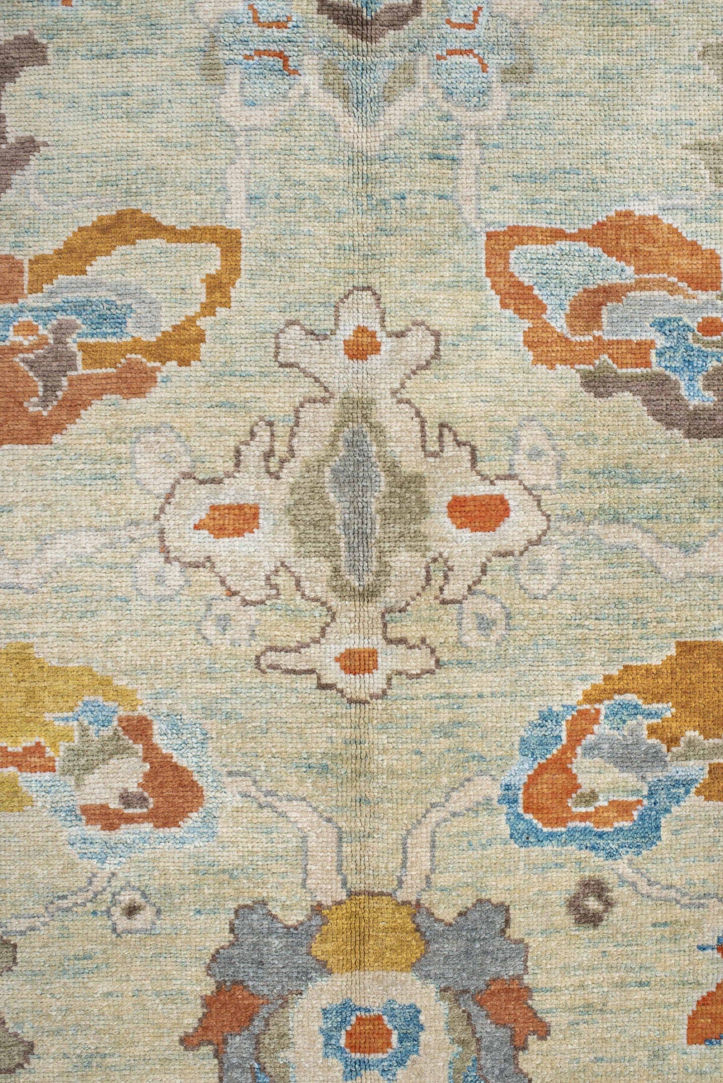 8' x 10' one-of-a-kind handmade vintage Sultanabad large size rug. Color palette: aqua, ivory, rust, sky blue, taupe, gold