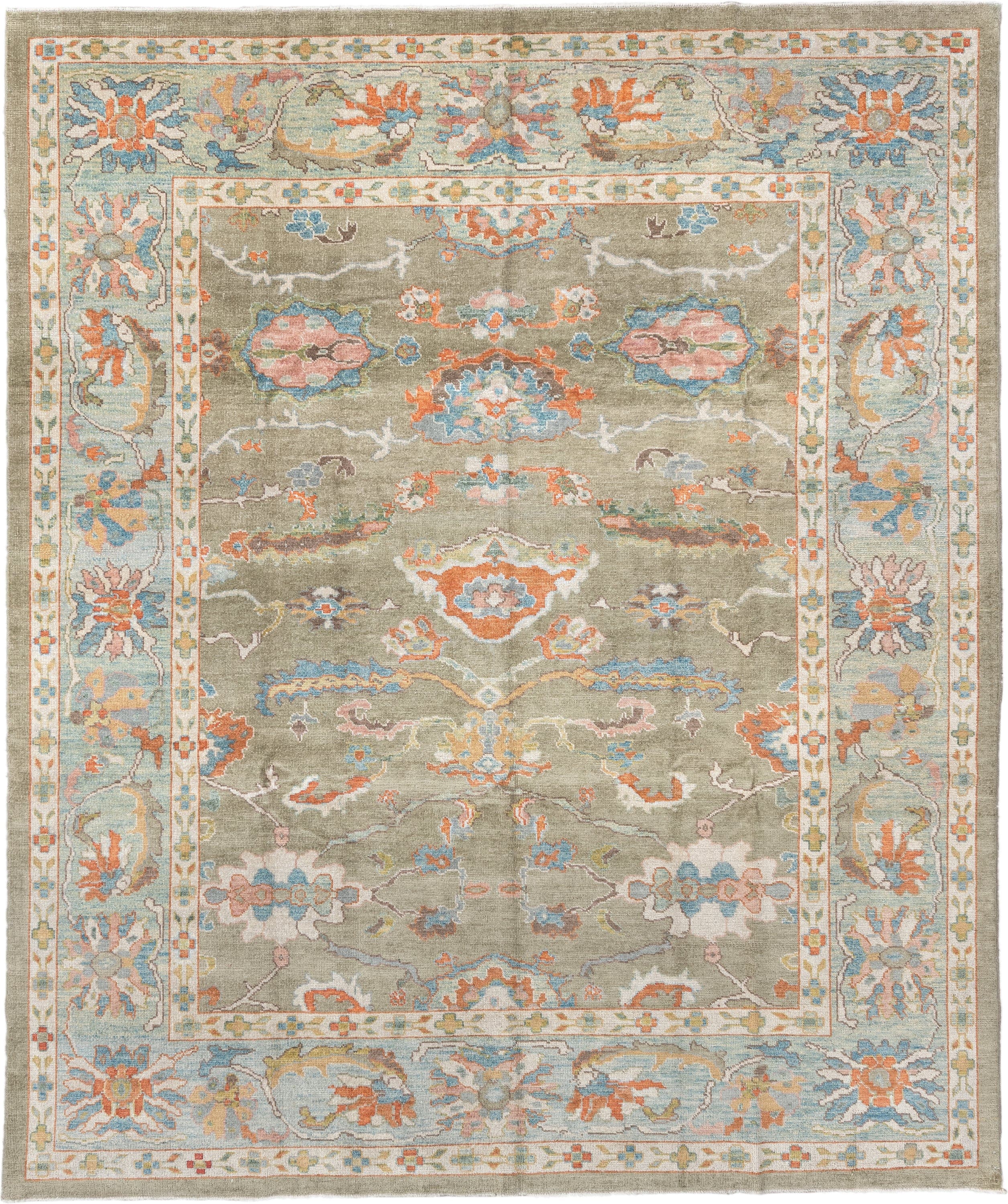 8' x 10' one-of-a-kind handmade vintage Sultanabad large size rug. Color palette: taupe, ivory, pale blue, coral, blush