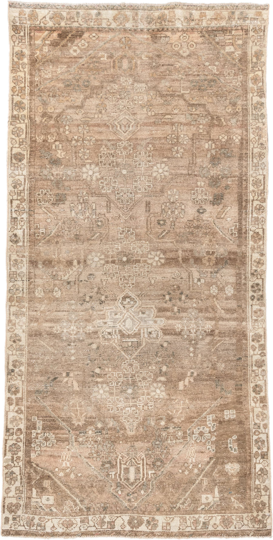 3' x 7' one-of-a-kind handmade antique Hamadan runner rug. Color palette: taupe, ivory, camel, beige, brown, sage, ochre