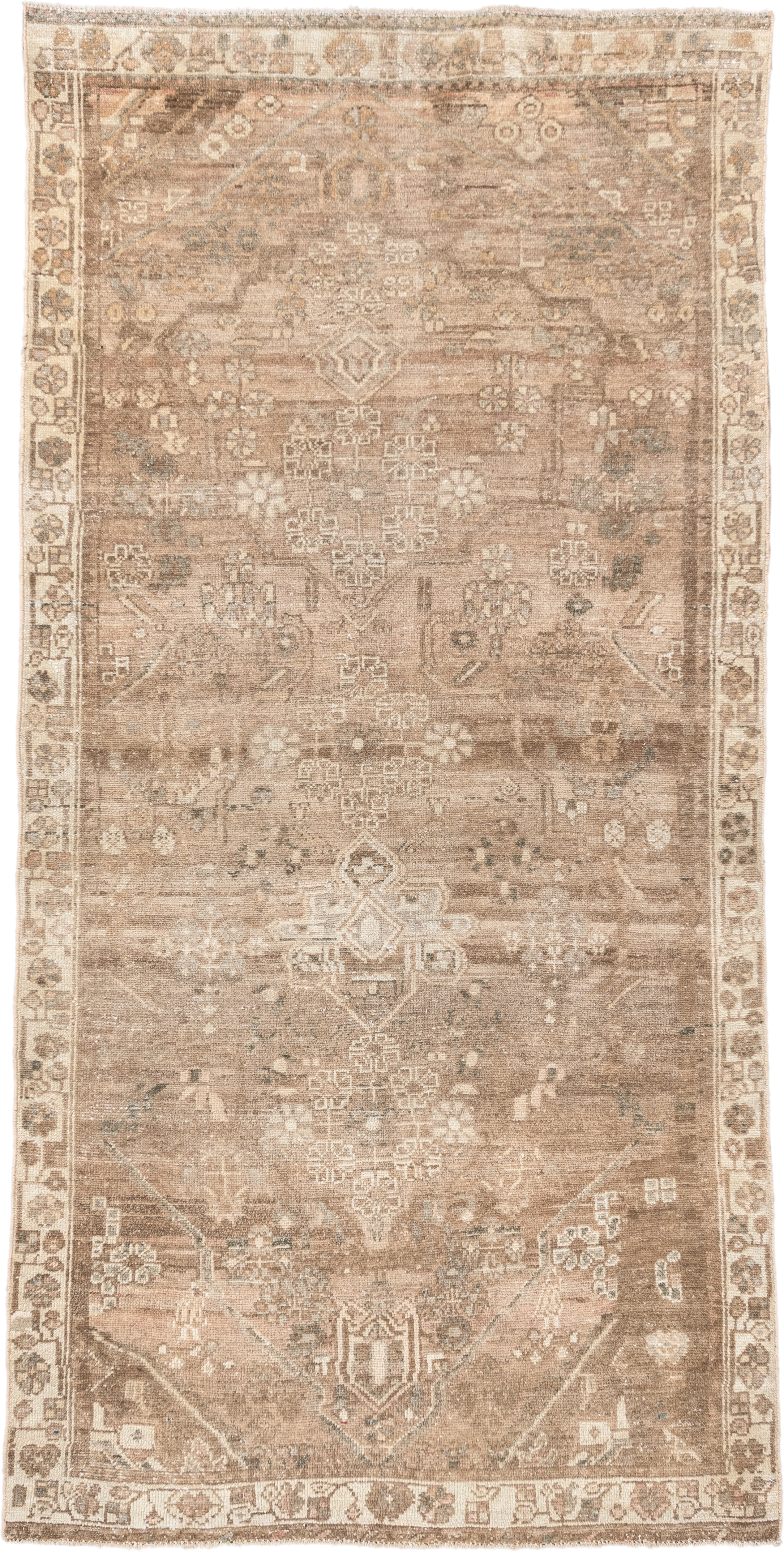 3' x 7' one-of-a-kind handmade antique Hamadan runner rug. Color palette: taupe, ivory, camel, beige, brown, sage, ochre