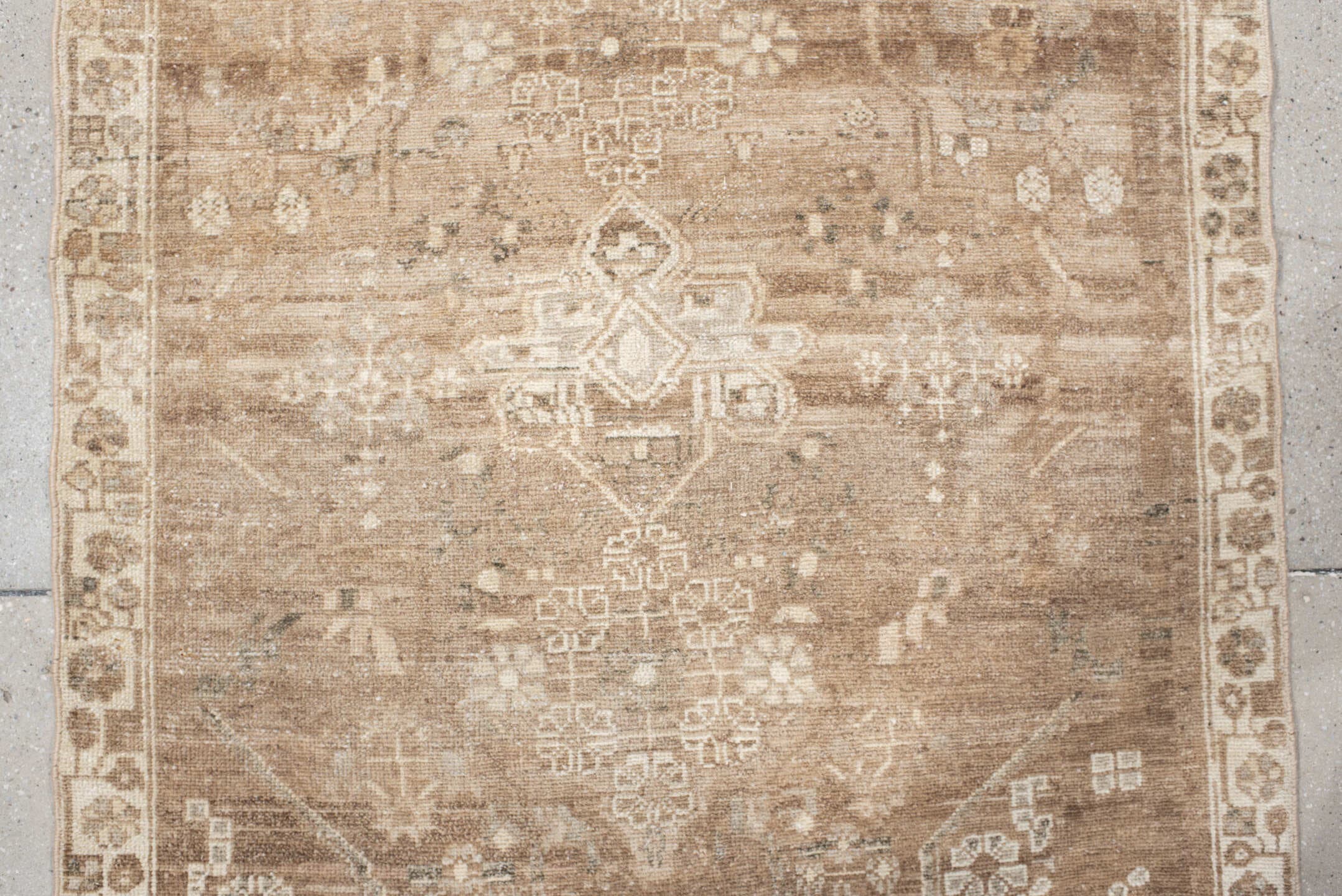 3' x 7' one-of-a-kind handmade antique Hamadan runner rug. Color palette: taupe, ivory, camel, beige, brown, sage, ochre