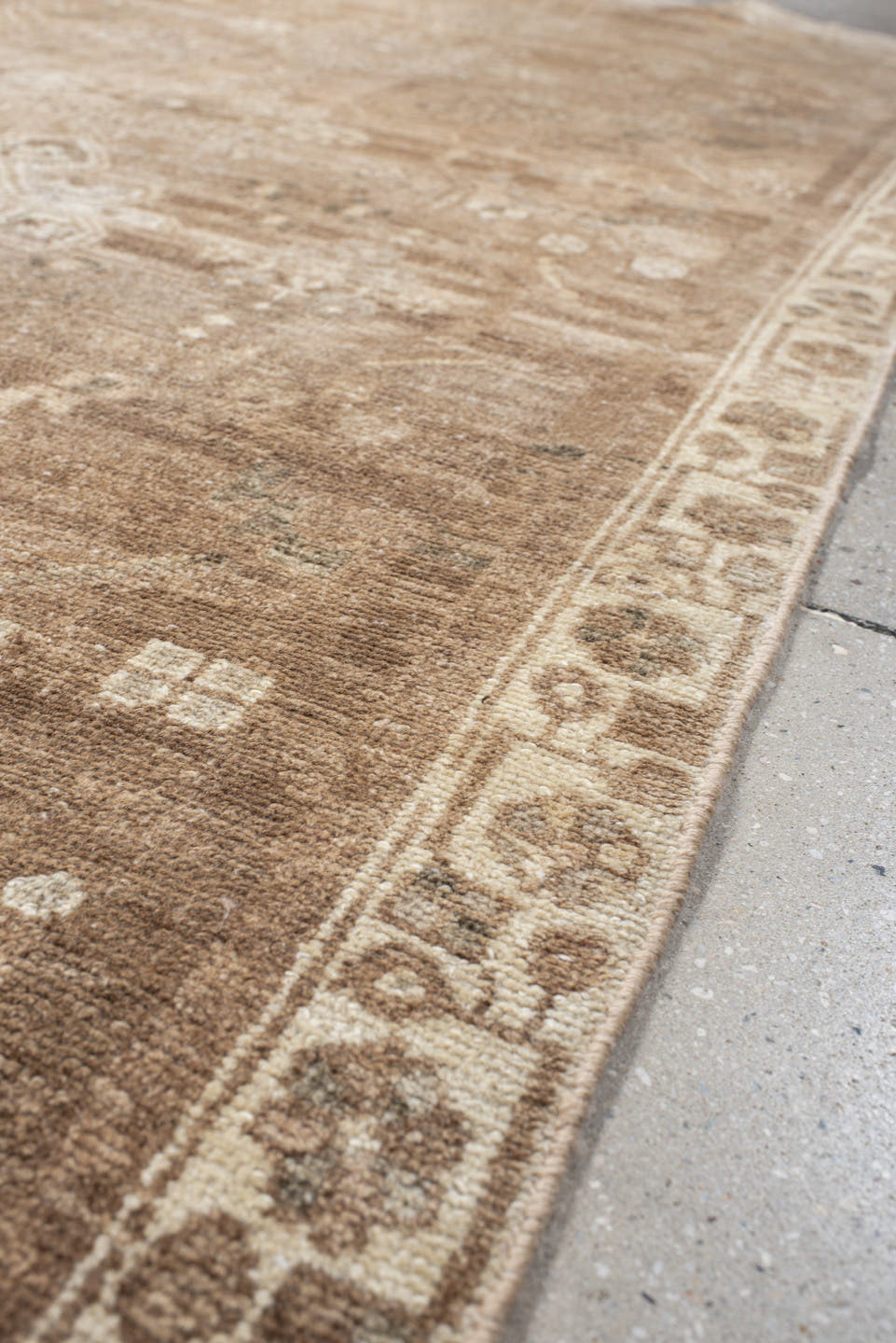 3' x 7' one-of-a-kind handmade antique Hamadan runner rug. Color palette: taupe, ivory, camel, beige, brown, sage, ochre