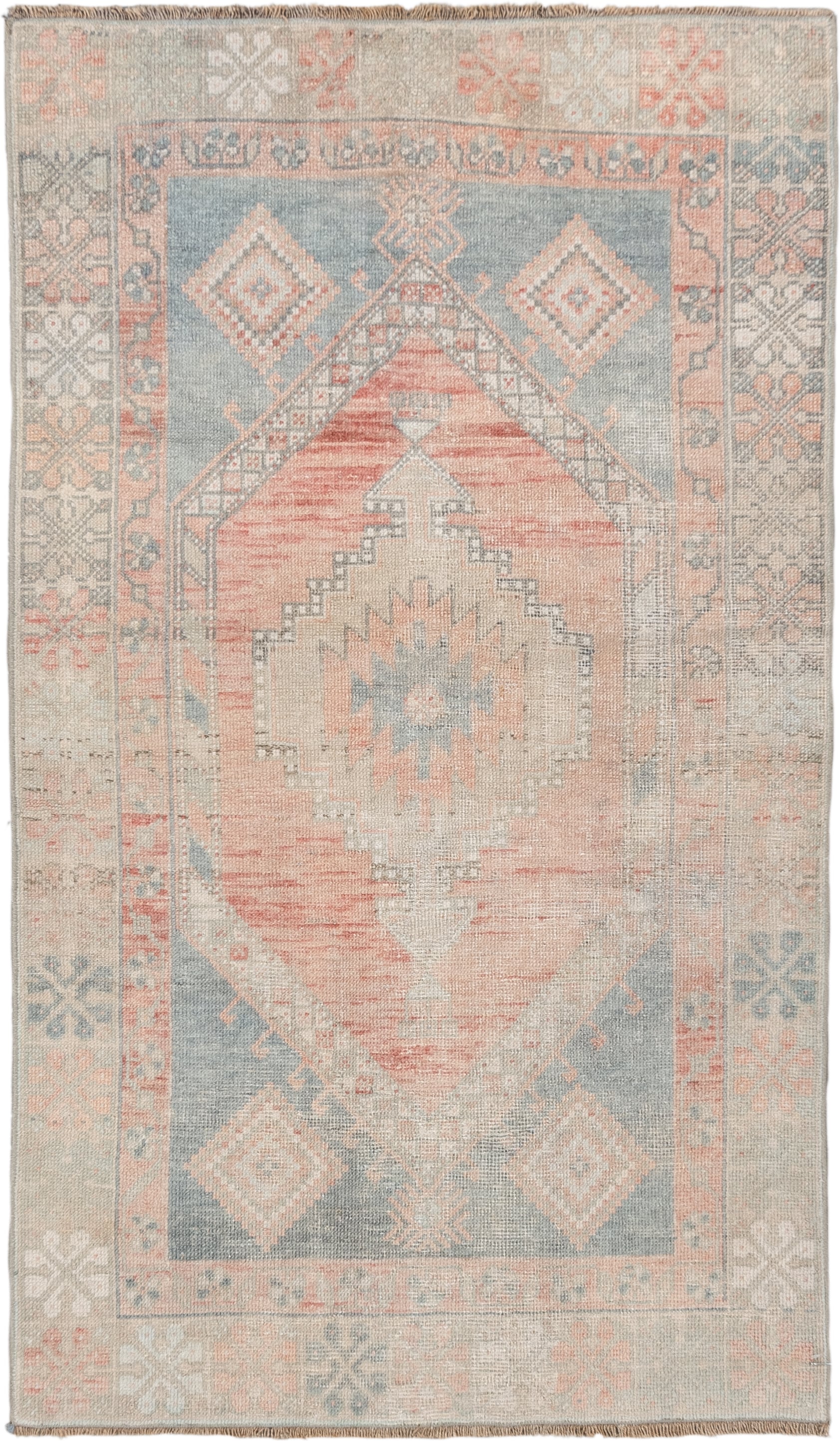 2' x 4' one-of-a-kind handmade vintage Anatolian small size rug. Color palette: ivory, pale blue, blush, peach, taupe, sage