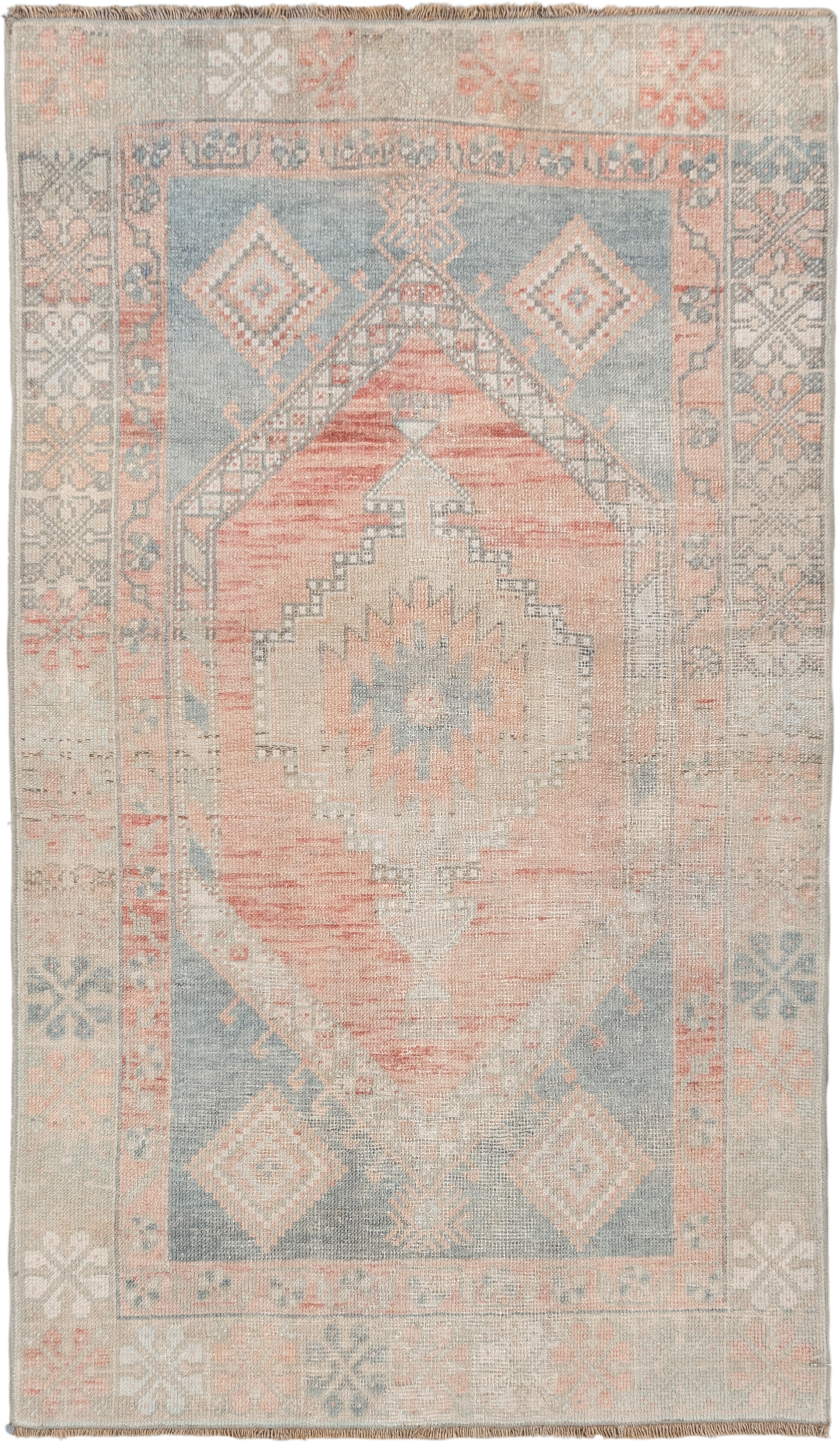2' x 4' one-of-a-kind handmade vintage Anatolian small size rug. Color palette: ivory, pale blue, blush, peach, taupe, sage