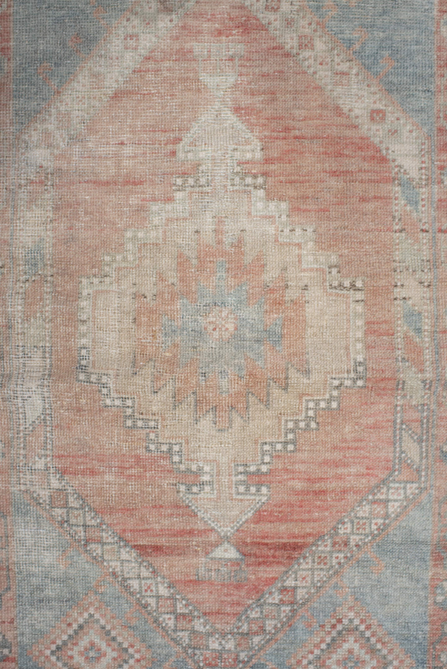 2' x 4' one-of-a-kind handmade vintage Anatolian small size rug. Color palette: ivory, pale blue, blush, peach, taupe, sage