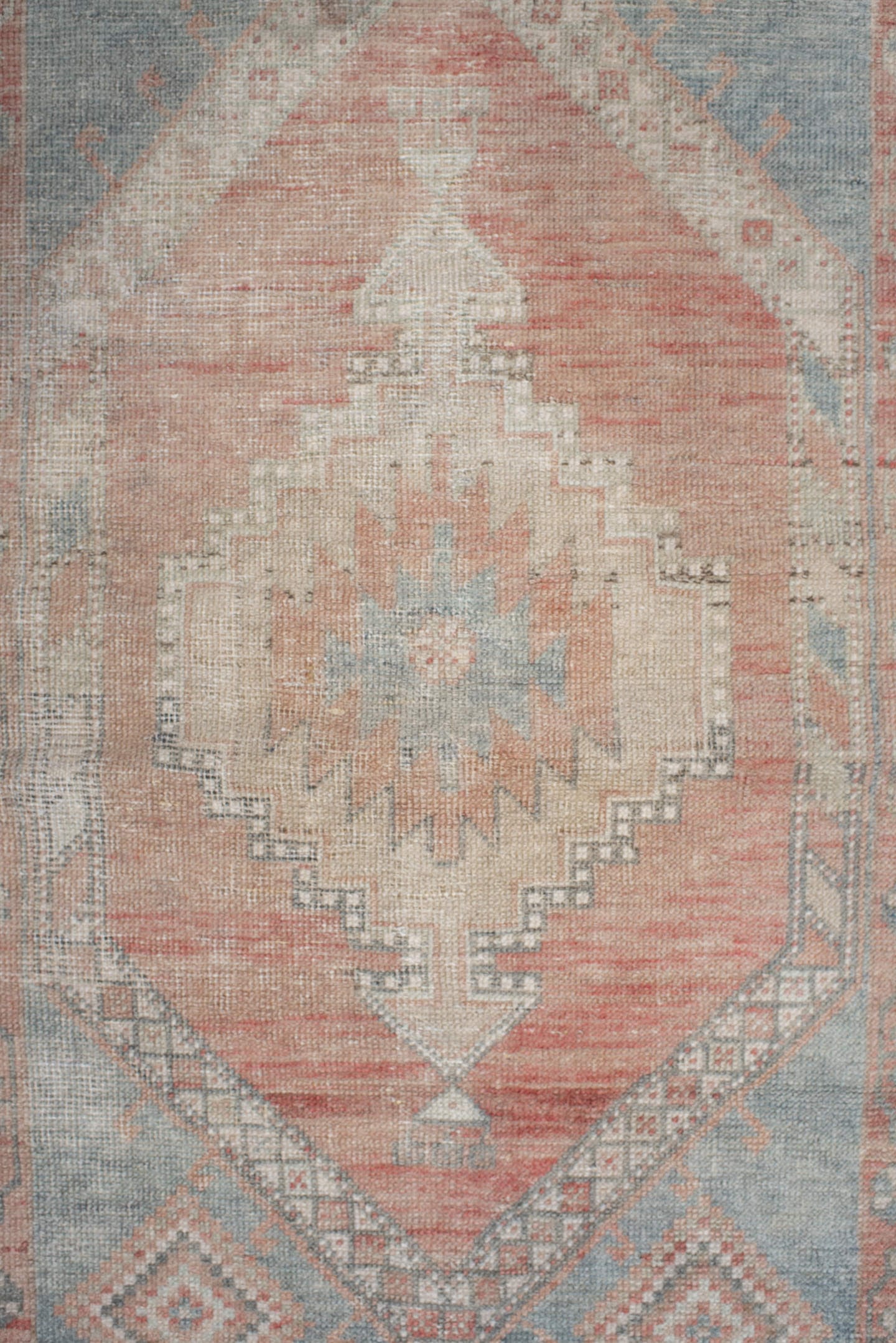 2' x 4' one-of-a-kind handmade vintage Anatolian small size rug. Color palette: ivory, pale blue, blush, peach, taupe, sage