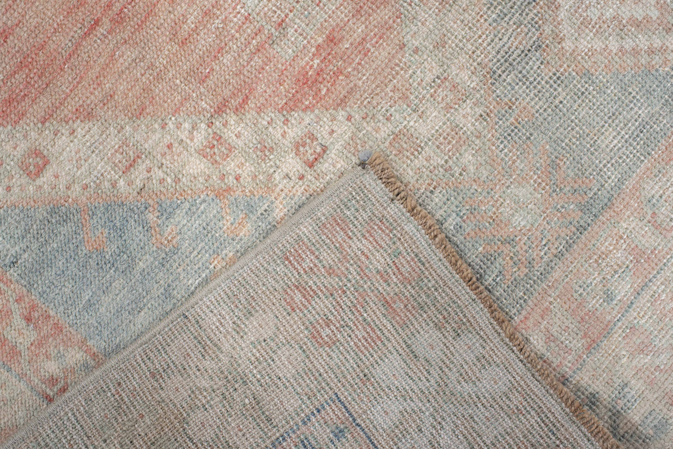 2' x 4' one-of-a-kind handmade vintage Anatolian small size rug. Color palette: ivory, pale blue, blush, peach, taupe, sage