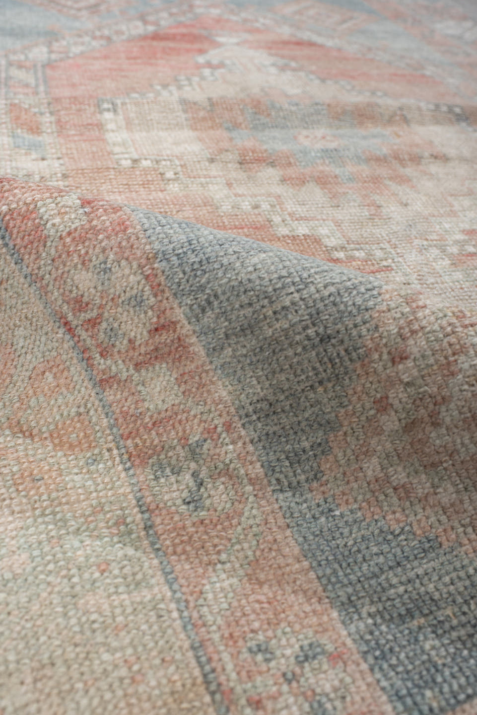 2' x 4' one-of-a-kind handmade vintage Anatolian small size rug. Color palette: ivory, pale blue, blush, peach, taupe, sage