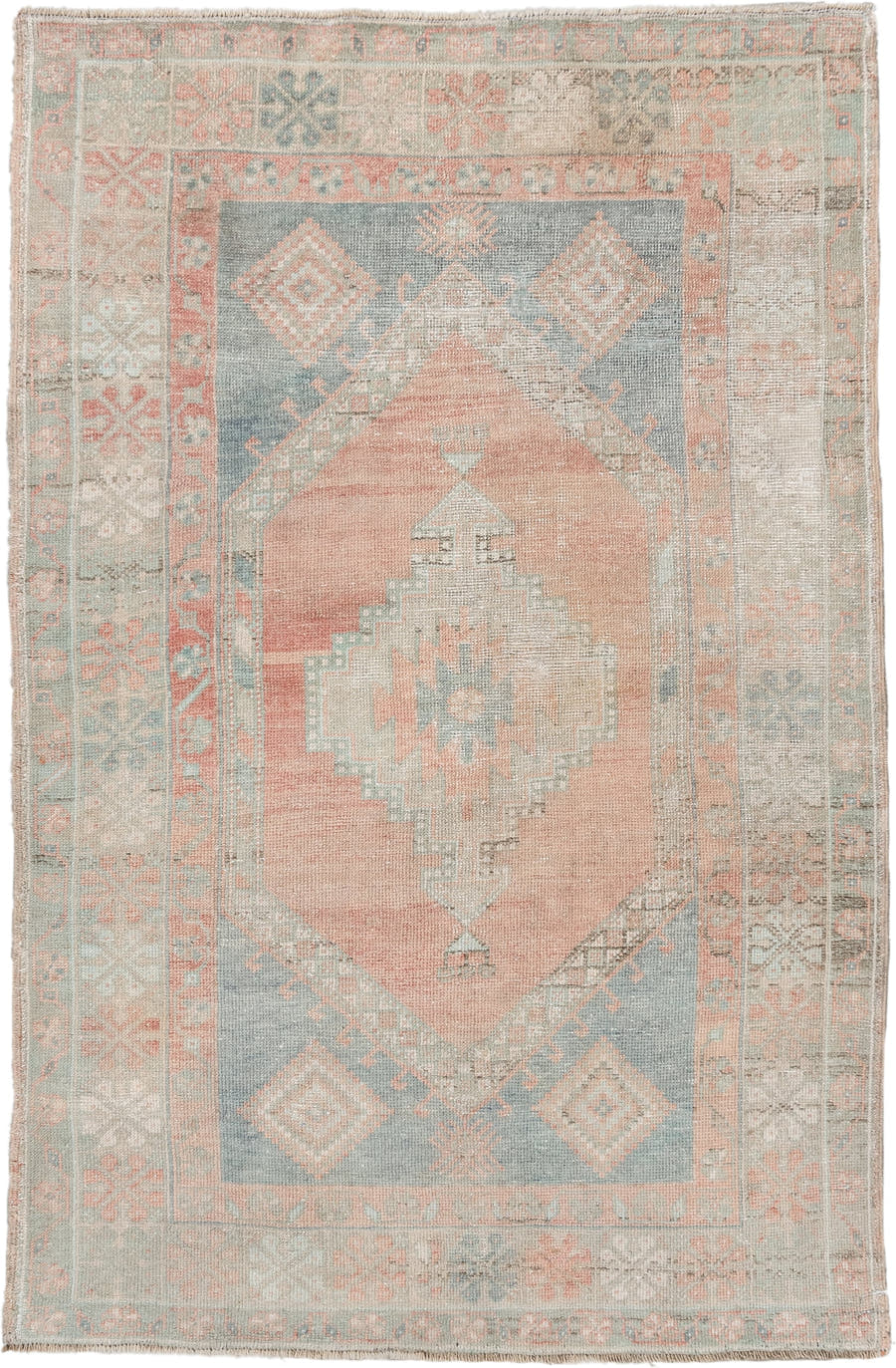 3' x 5' one-of-a-kind handmade vintage Anatolian small size rug. Color palette: ivory, pale blue, blush, coral, taupe, sage