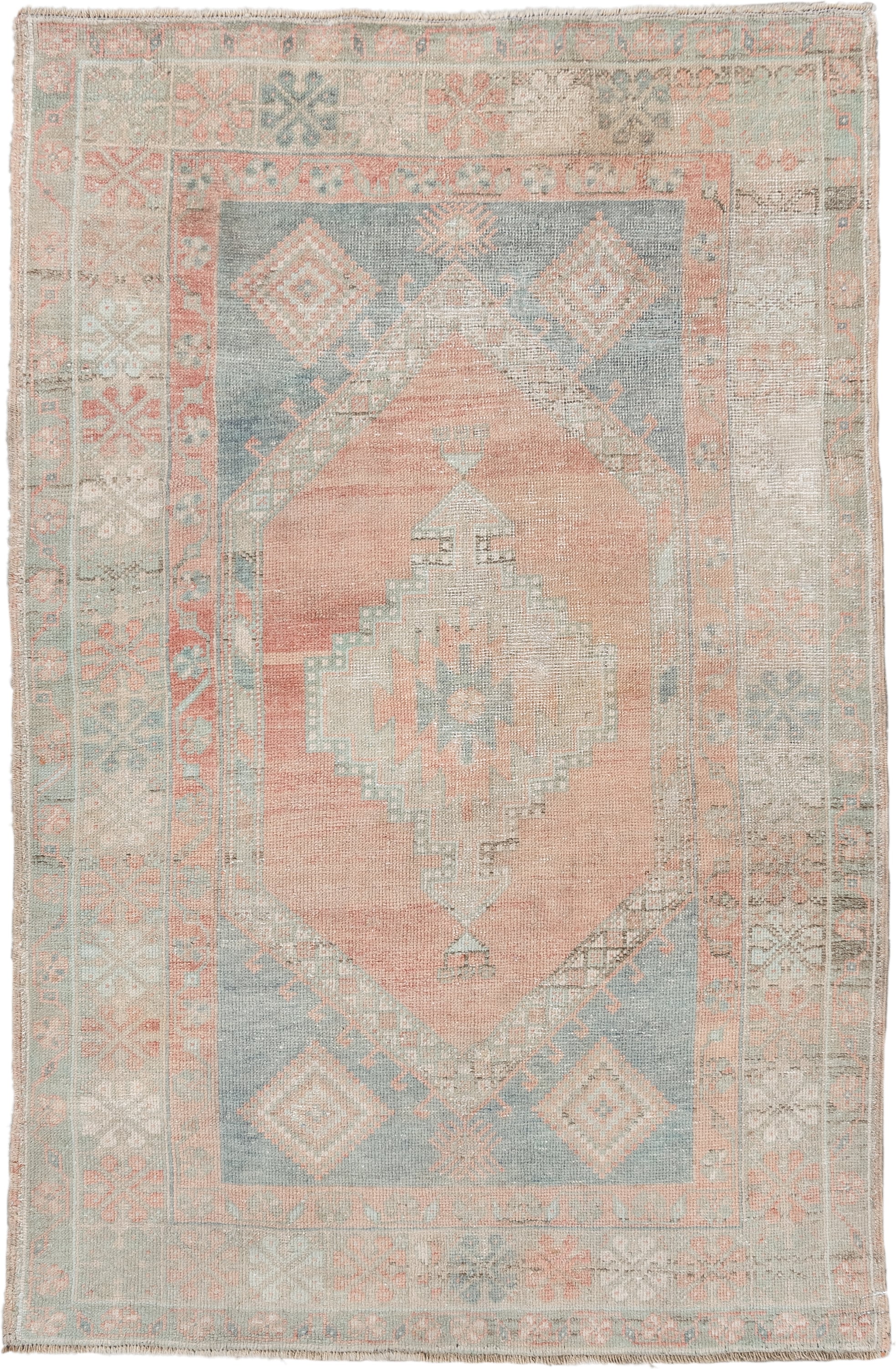 3' x 5' one-of-a-kind handmade vintage Anatolian small size rug. Color palette: ivory, pale blue, blush, coral, taupe, sage