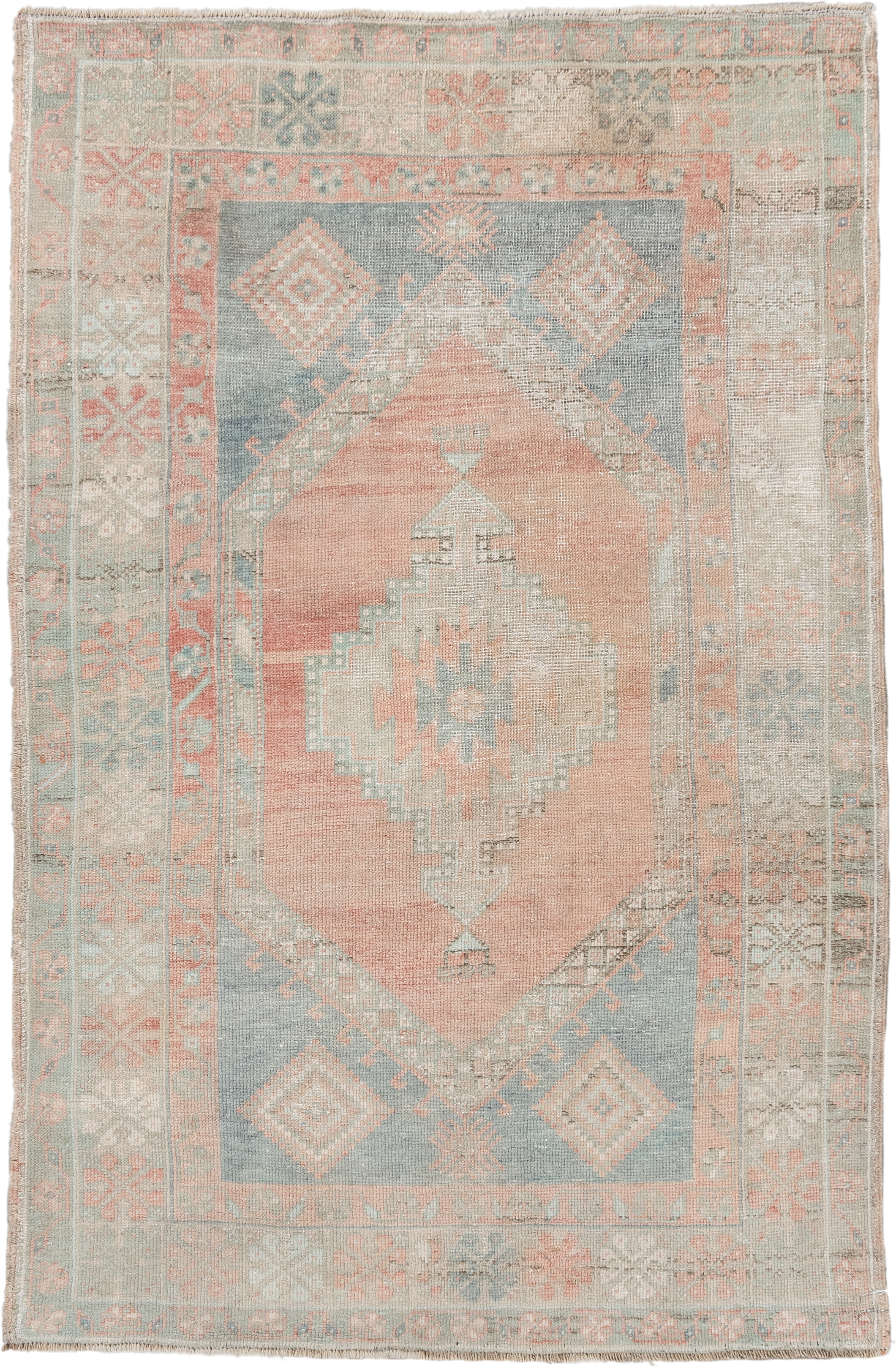 3' x 5' one-of-a-kind handmade vintage Anatolian small size rug. Color palette: ivory, pale blue, blush, coral, taupe, sage