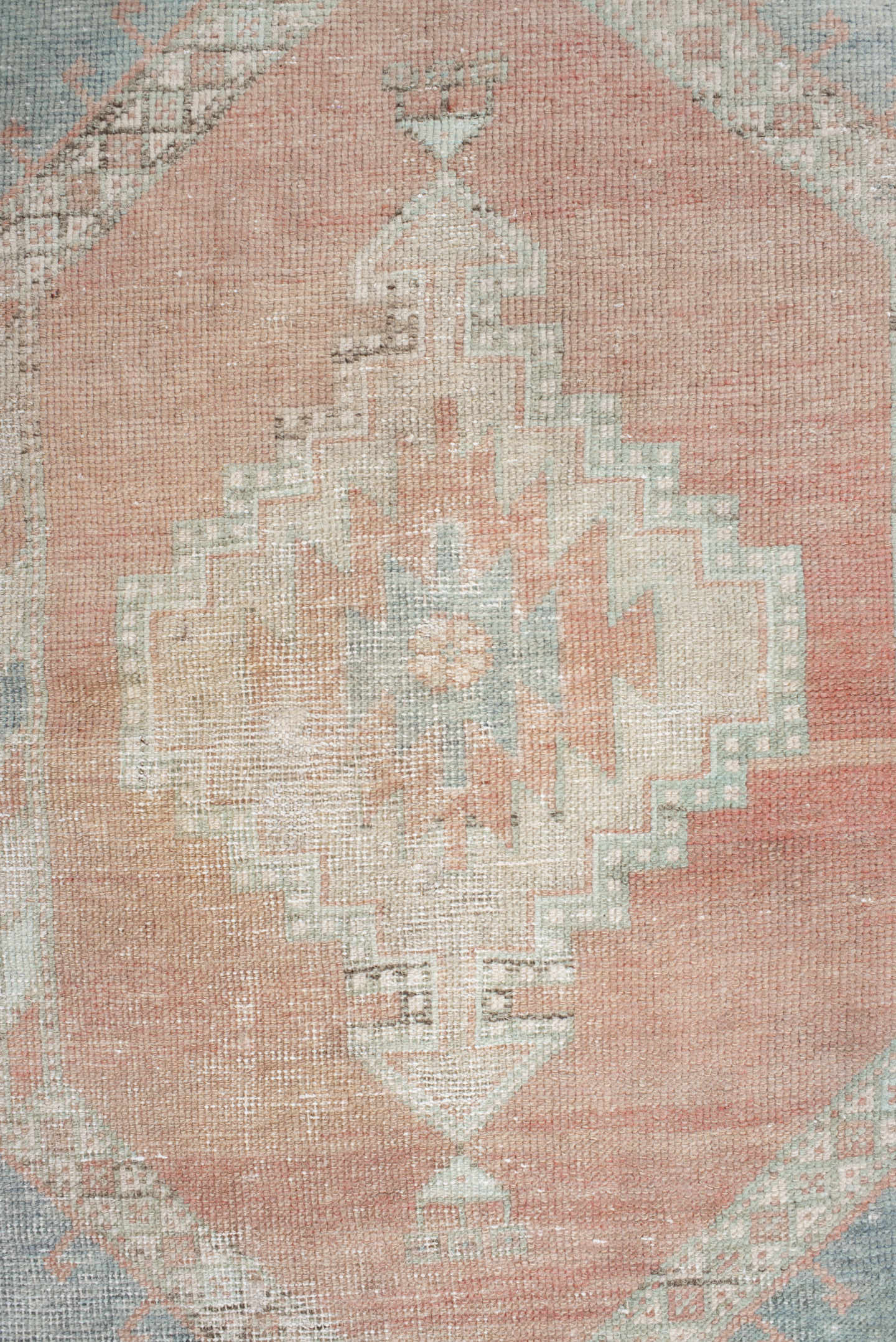 3' x 5' one-of-a-kind handmade vintage Anatolian small size rug. Color palette: ivory, pale blue, blush, coral, taupe, sage