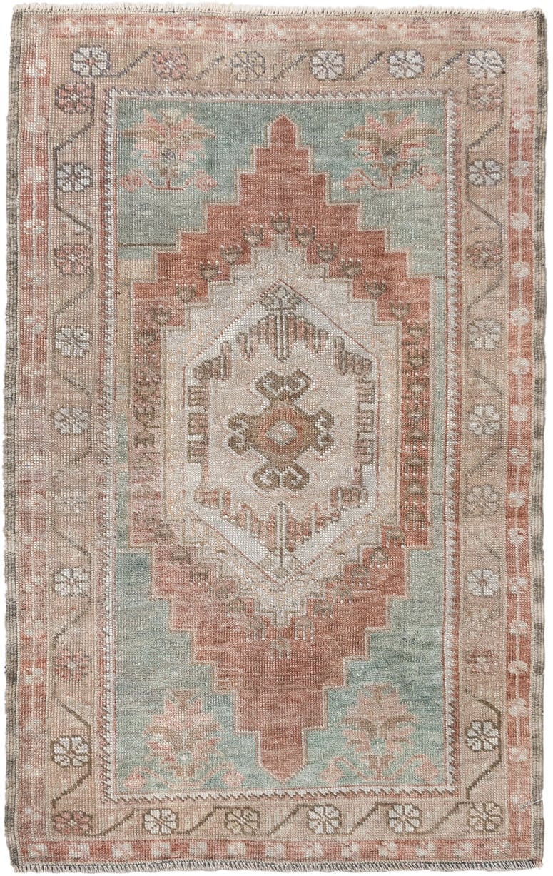 2' x 4' one-of-a-kind handmade vintage Anatolian small size rug. Color palette: ivory, blush, taupe, sage, terra cotta