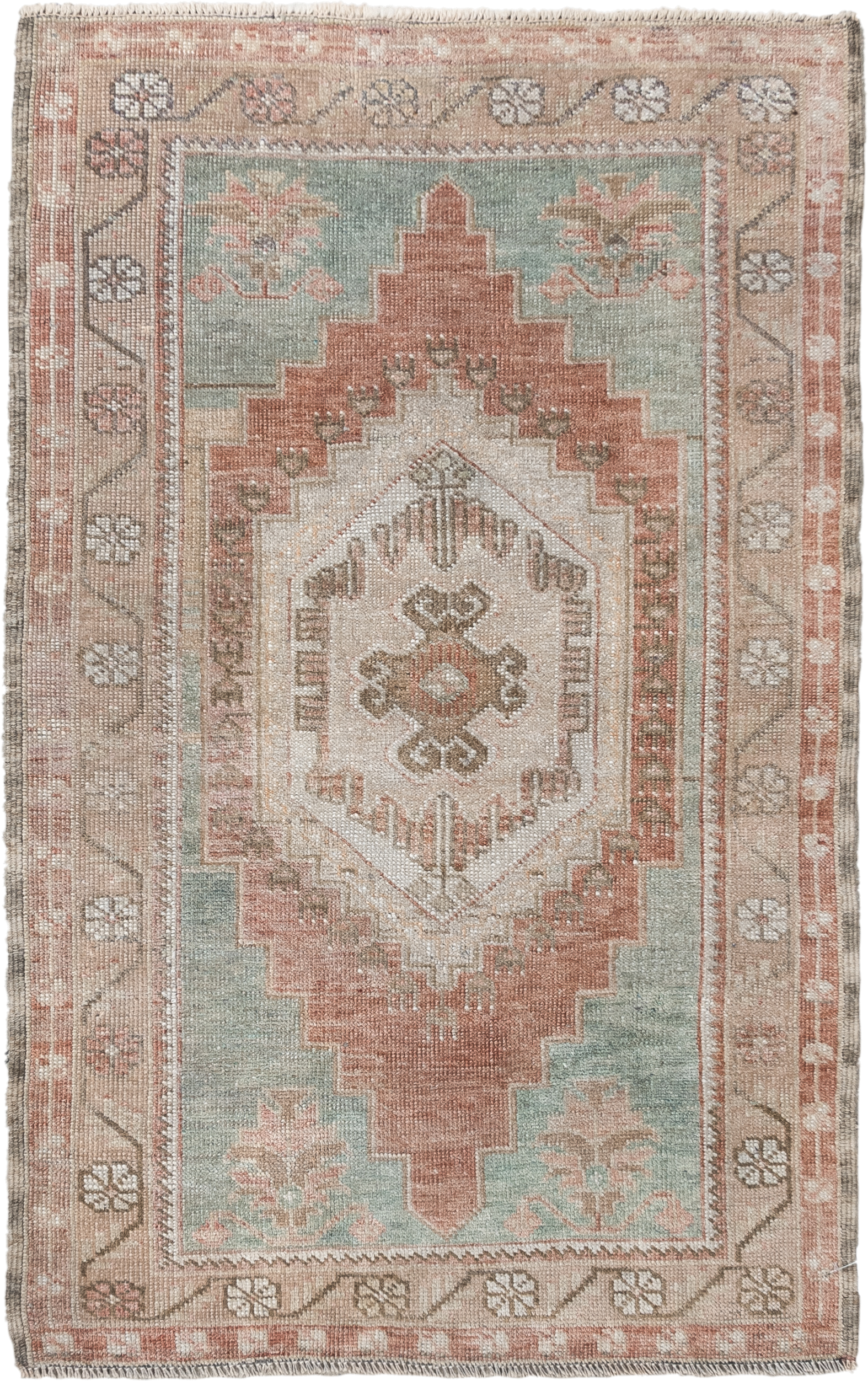 2' x 4' one-of-a-kind handmade vintage Anatolian small size rug. Color palette: ivory, blush, taupe, sage, terra cotta