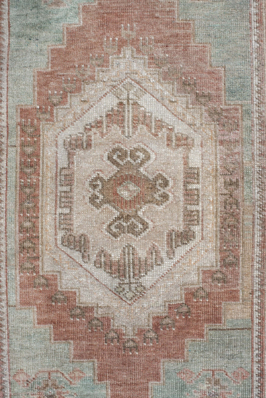 2' x 4' one-of-a-kind handmade vintage Anatolian small size rug. Color palette: ivory, blush, taupe, sage, terra cotta