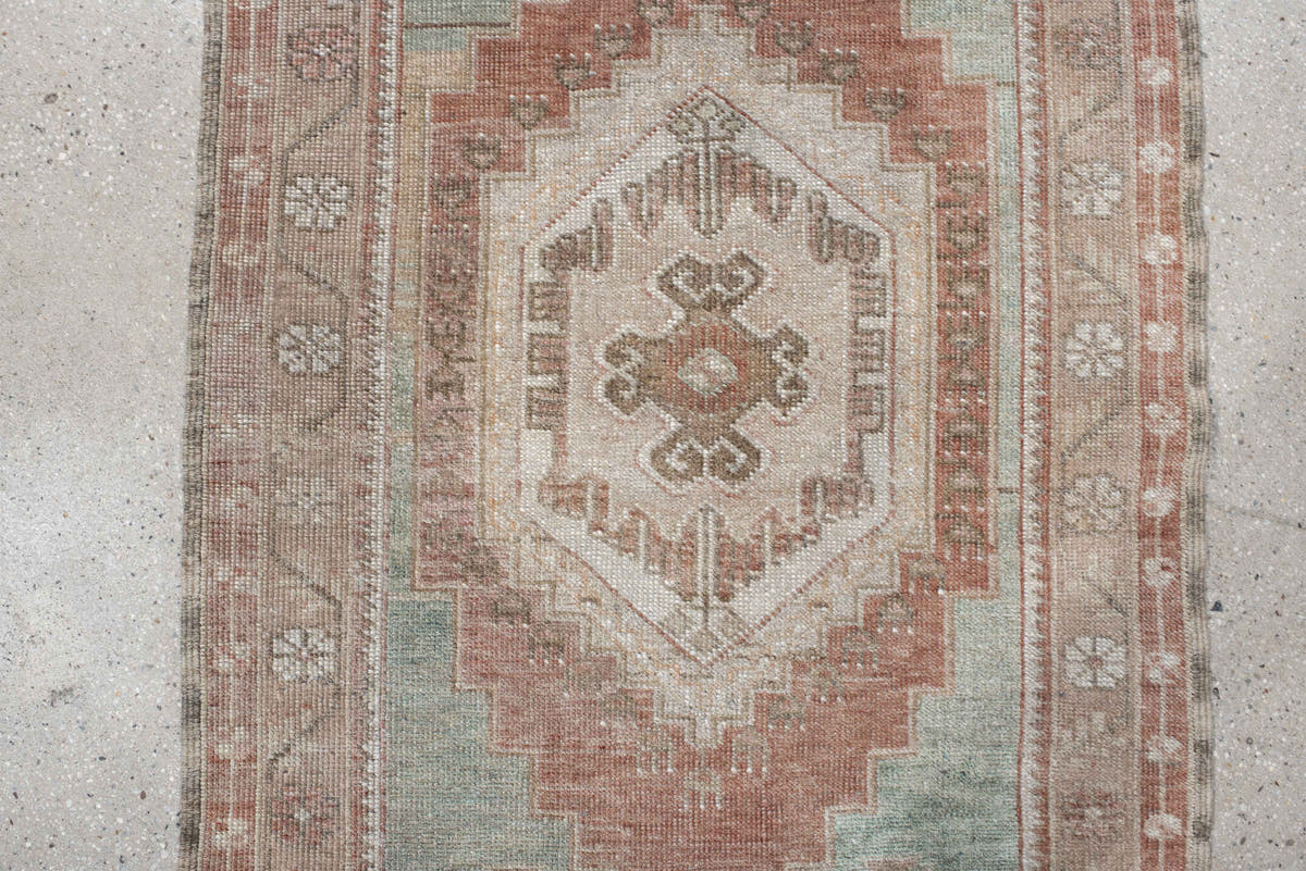 2' x 4' one-of-a-kind handmade vintage Anatolian small size rug. Color palette: ivory, blush, taupe, sage, terra cotta