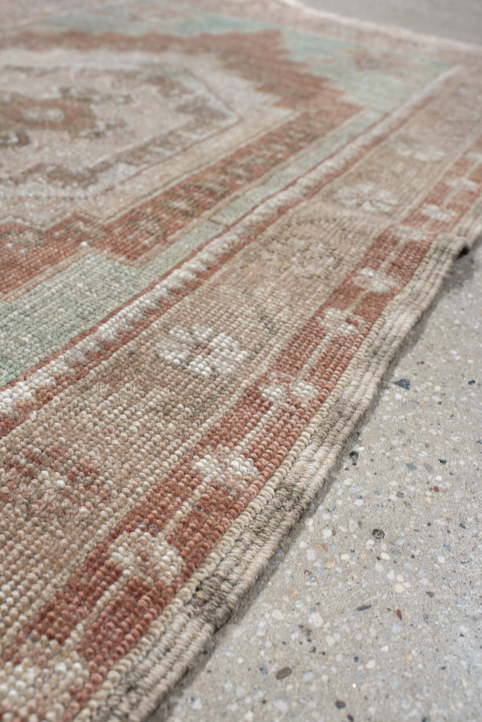 2' x 4' one-of-a-kind handmade vintage Anatolian small size rug. Color palette: ivory, blush, taupe, sage, terra cotta