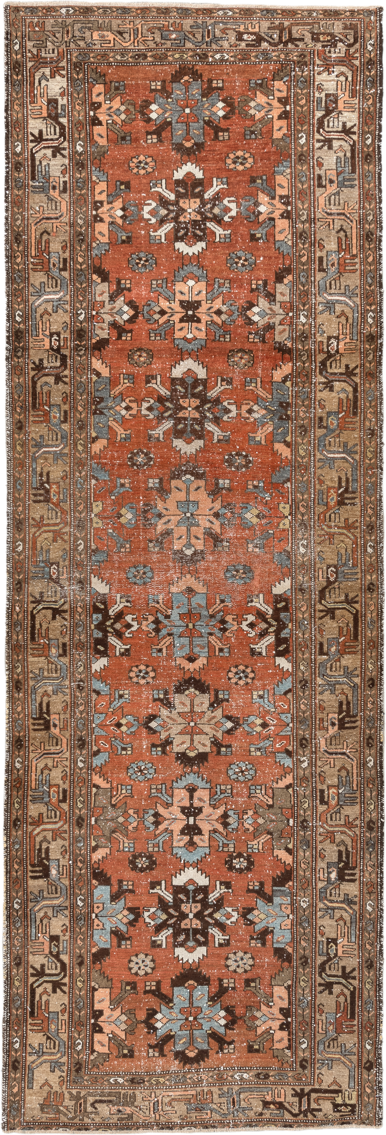 3' x 9' one-of-a-kind handmade vintage Malayer runner rug. Color palette: rust, camel, ivory, brown, slate, taupe, charcoal