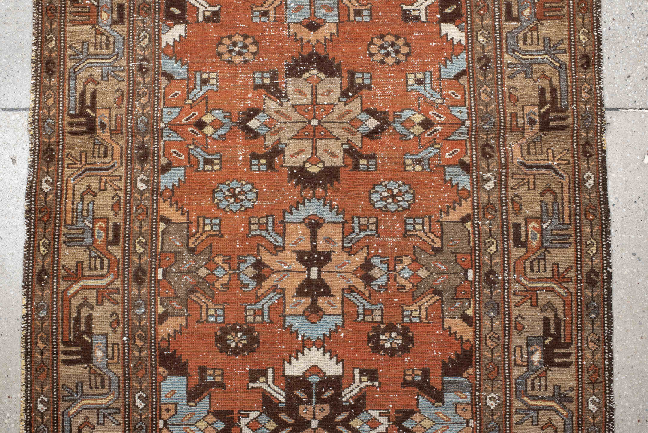 3' x 9' one-of-a-kind handmade vintage Malayer runner rug. Color palette: rust, camel, ivory, brown, slate, taupe, charcoal