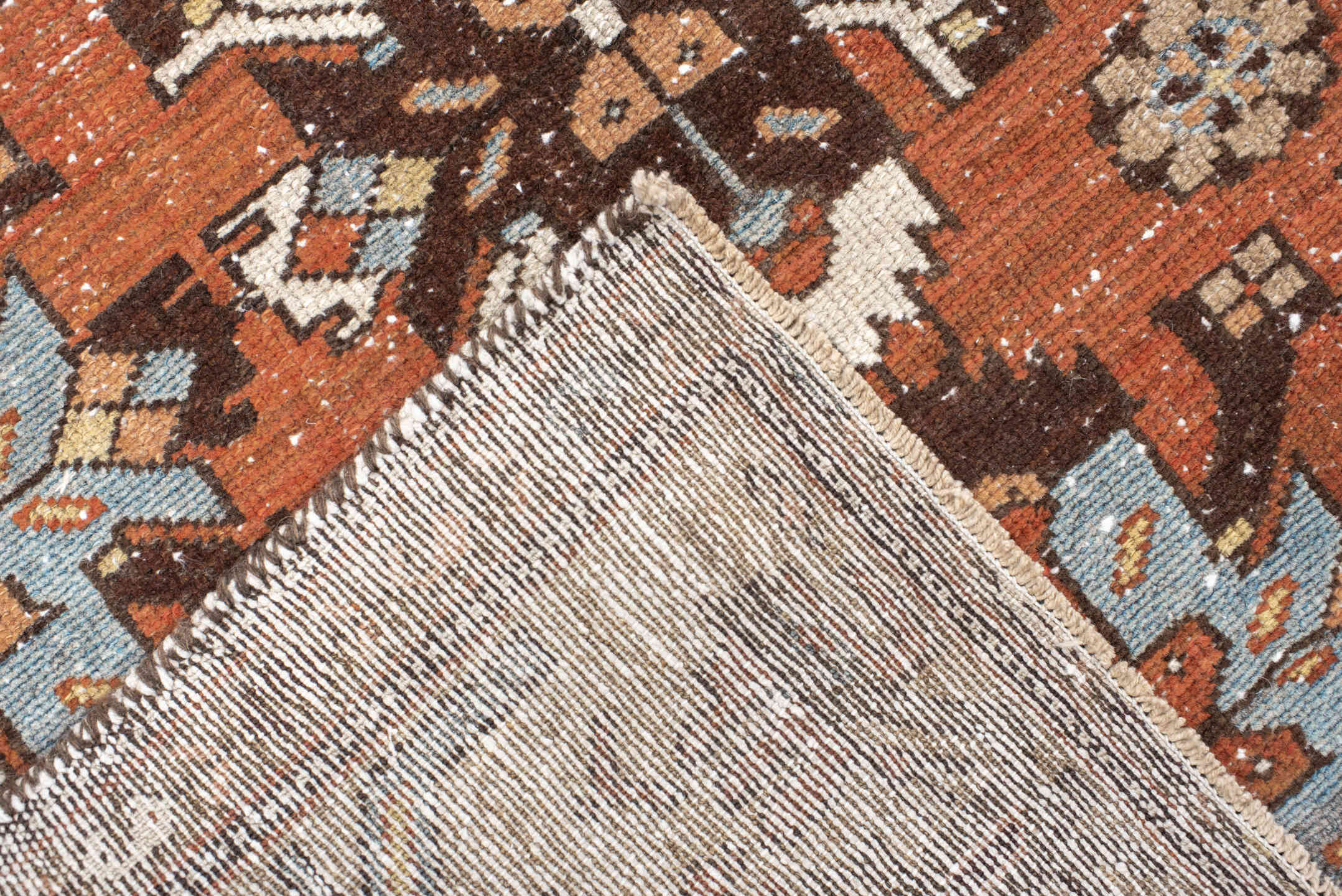 3' x 9' one-of-a-kind handmade vintage Malayer runner rug. Color palette: rust, camel, ivory, brown, slate, taupe, charcoal
