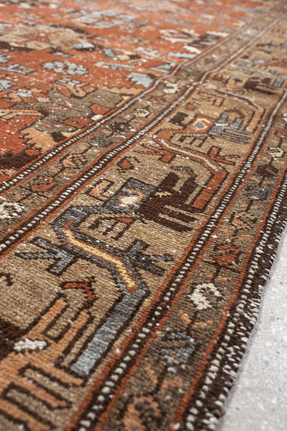 3' x 9' one-of-a-kind handmade vintage Malayer runner rug. Color palette: rust, camel, ivory, brown, slate, taupe, charcoal