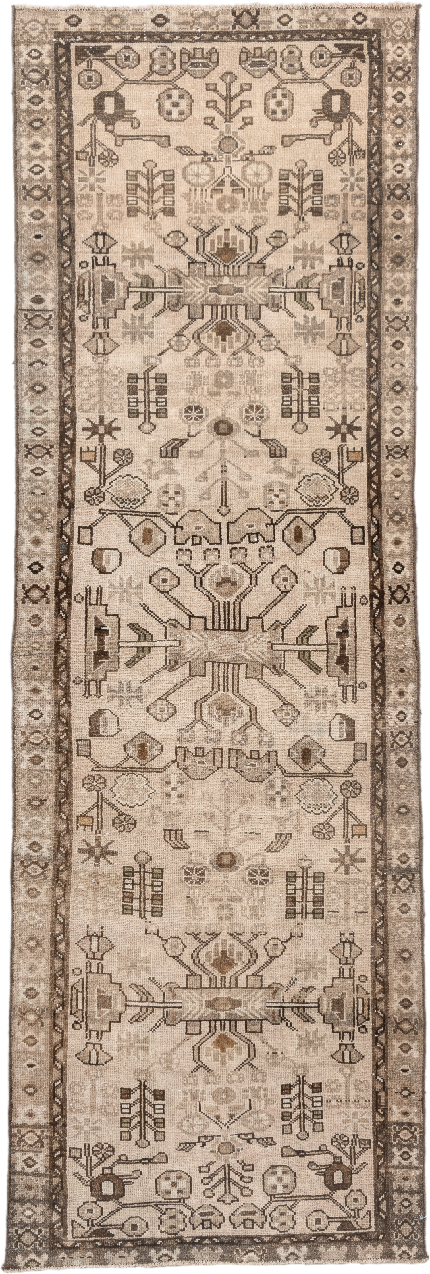 3' x 9' one-of-a-kind handmade antique Hamadan runner rug. Color palette: ivory, taupe, brown, camel, charcoal, beige, gray