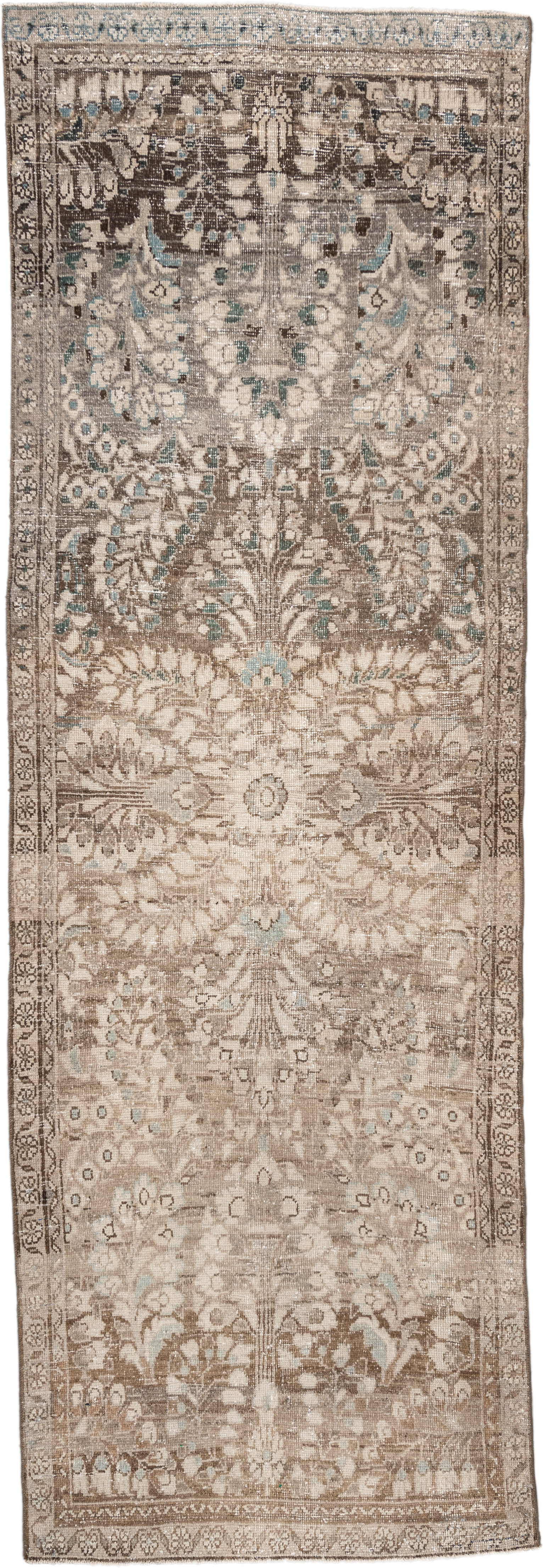 3' x 9' one-of-a-kind handmade antique Hamadan runner rug. Color palette: ivory, taupe, brown, beige, aqua, camel, gray