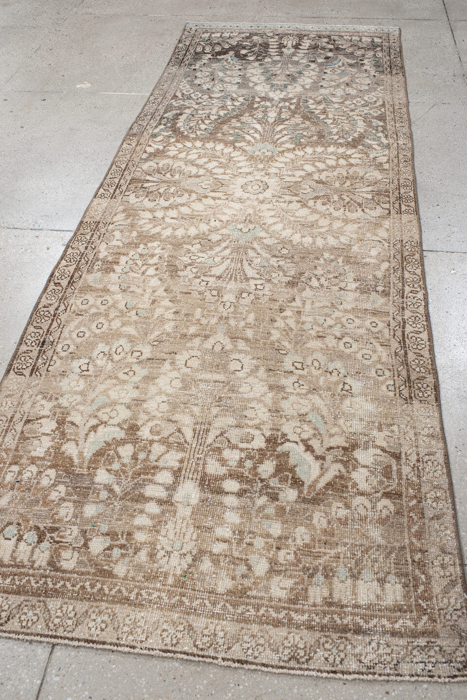 3' x 9' one-of-a-kind handmade antique Hamadan runner rug. Color palette: ivory, taupe, brown, beige, aqua, camel, gray