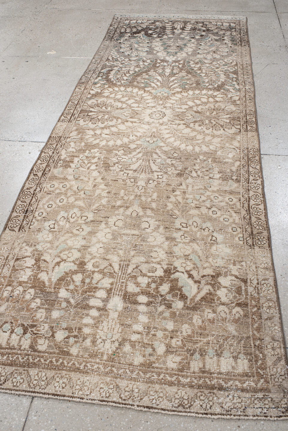 3' x 9' one-of-a-kind handmade antique Hamadan runner rug. Color palette: ivory, taupe, brown, beige, aqua, camel, gray