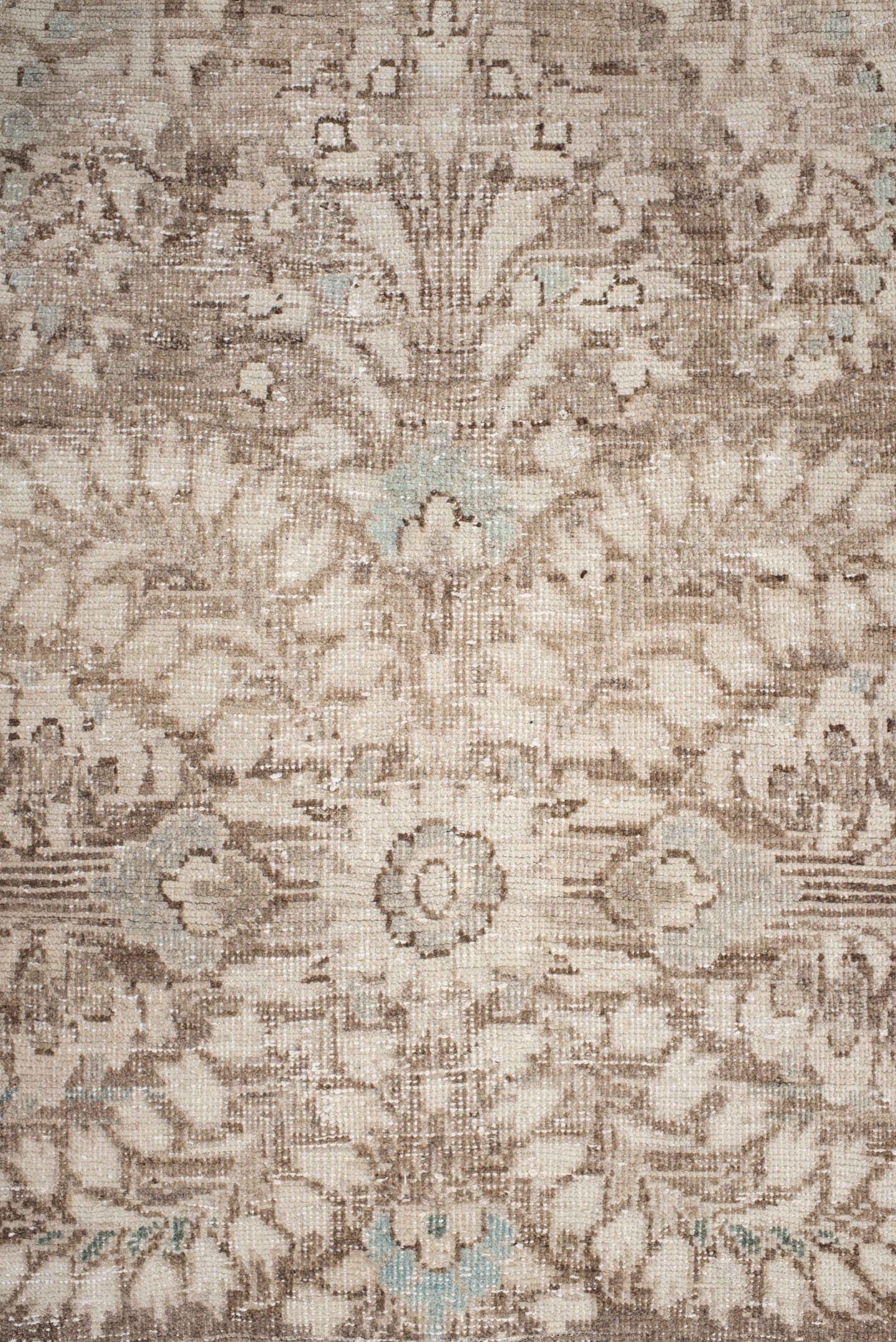 3' x 9' one-of-a-kind handmade antique Hamadan runner rug. Color palette: ivory, taupe, brown, beige, aqua, camel, gray