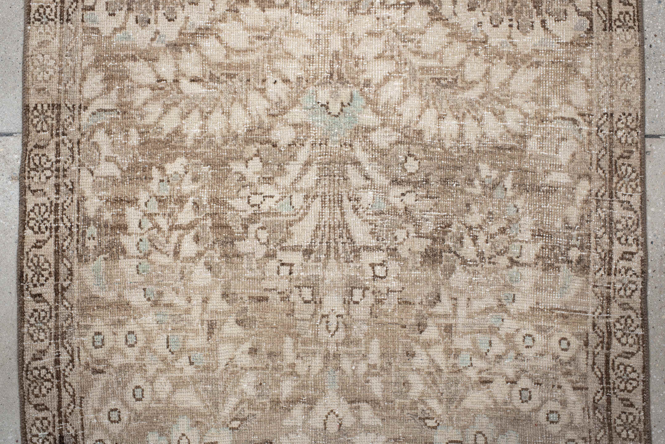 3' x 9' one-of-a-kind handmade antique Hamadan runner rug. Color palette: ivory, taupe, brown, beige, aqua, camel, gray