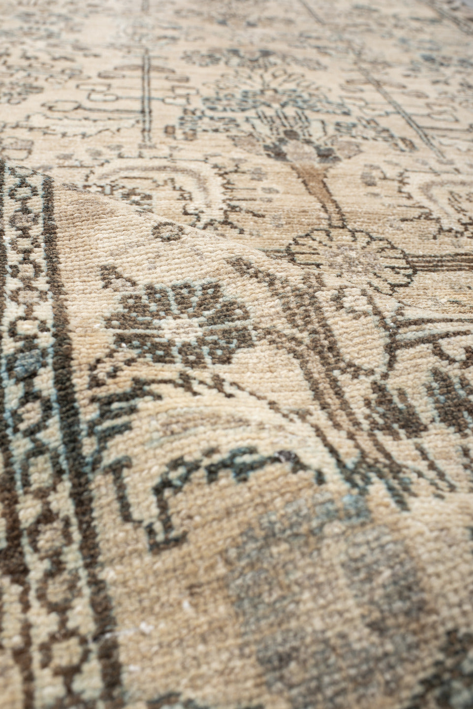 3' x 9' one-of-a-kind handmade antique Hamadan runner rug. Color palette: ivory, taupe, charcoal, sage, camel, brown, slate