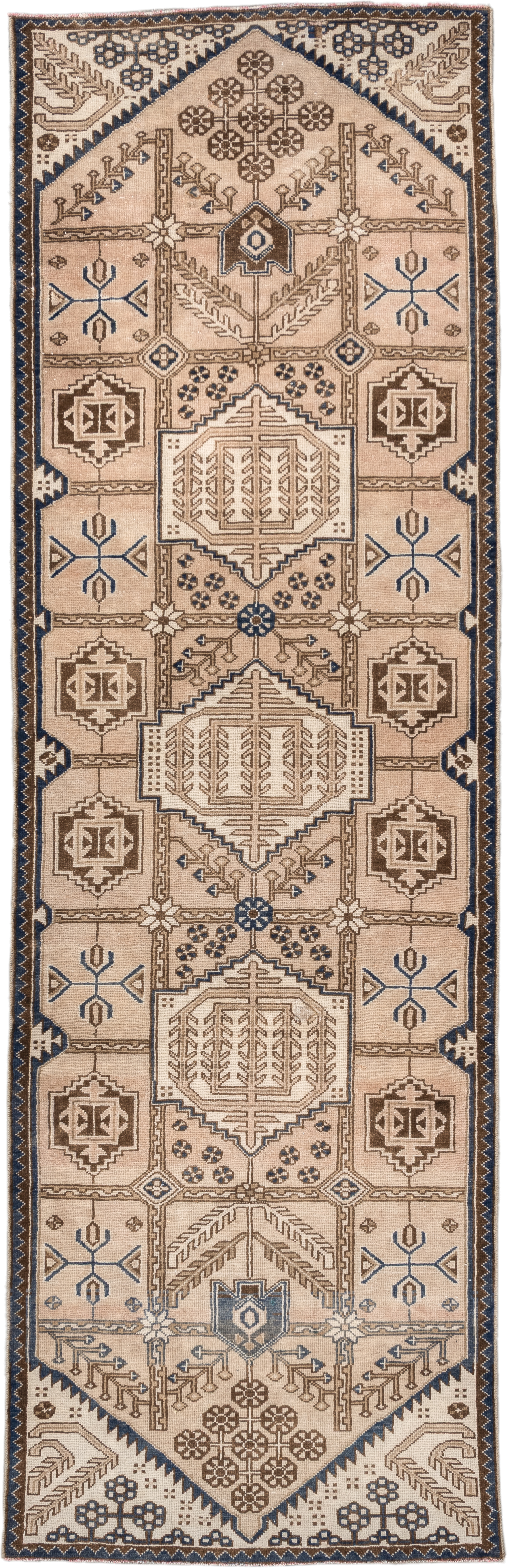 3' x 9' one-of-a-kind handmade vintage Hamadan runner rug. Color palette: ivory, camel, brown, indigo, taupe, beige, purple