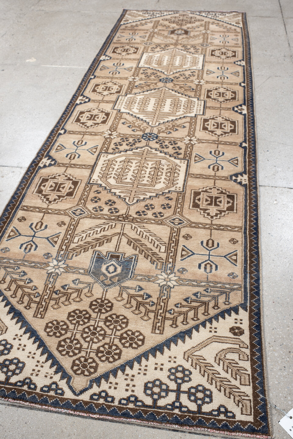 3' x 9' one-of-a-kind handmade vintage Hamadan runner rug. Color palette: ivory, camel, brown, indigo, taupe, beige, purple