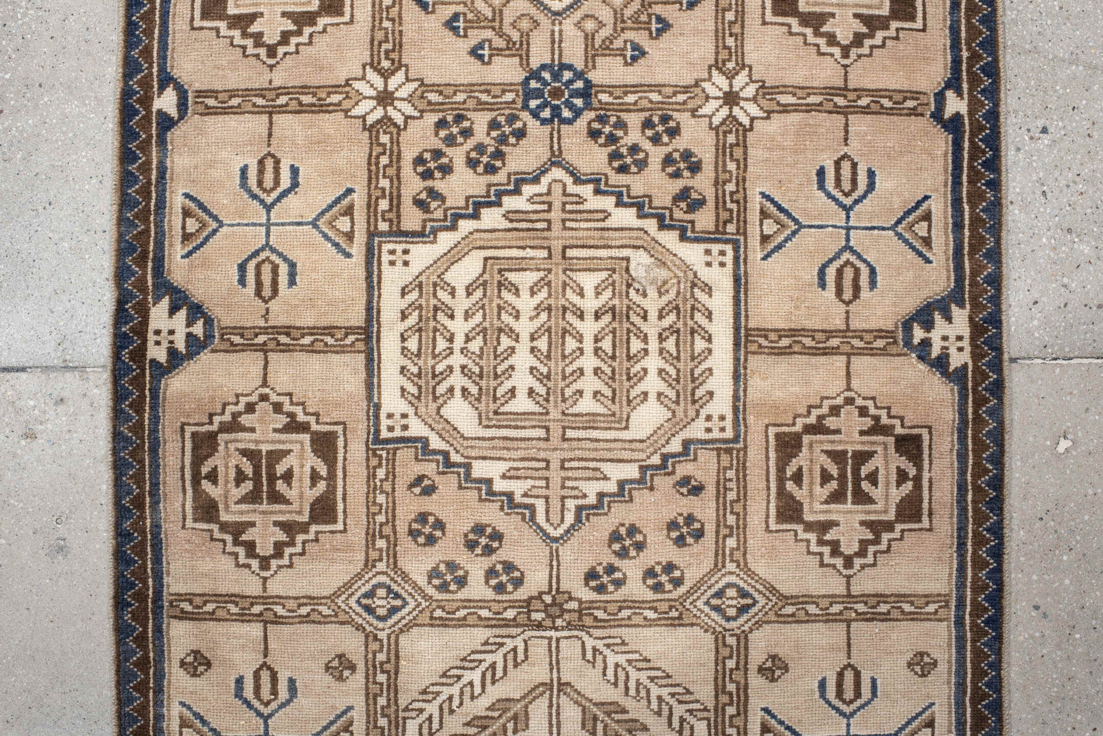 3' x 9' one-of-a-kind handmade vintage Hamadan runner rug. Color palette: ivory, camel, brown, indigo, taupe, beige, purple