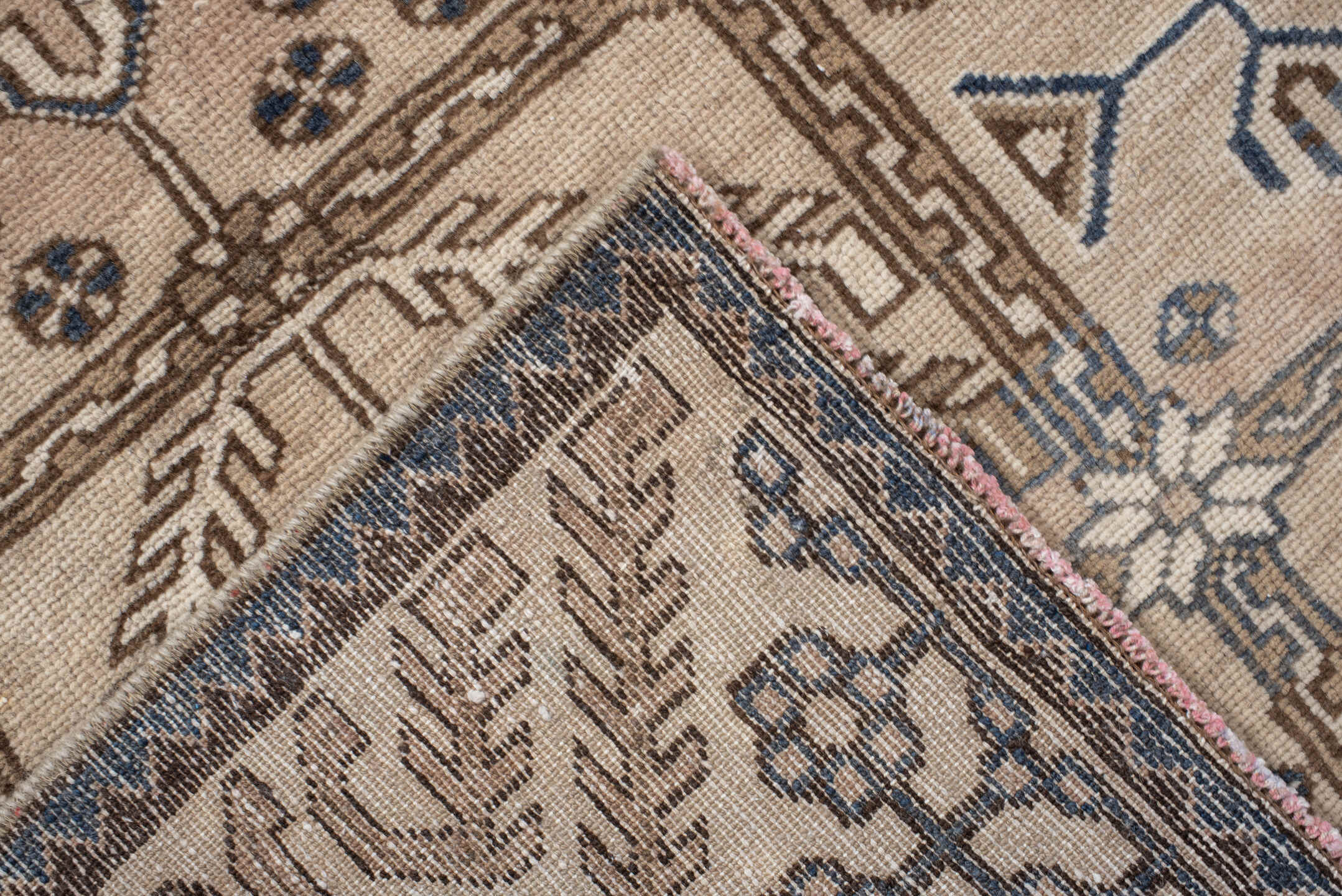 3' x 9' one-of-a-kind handmade vintage Hamadan runner rug. Color palette: ivory, camel, brown, indigo, taupe, beige, purple