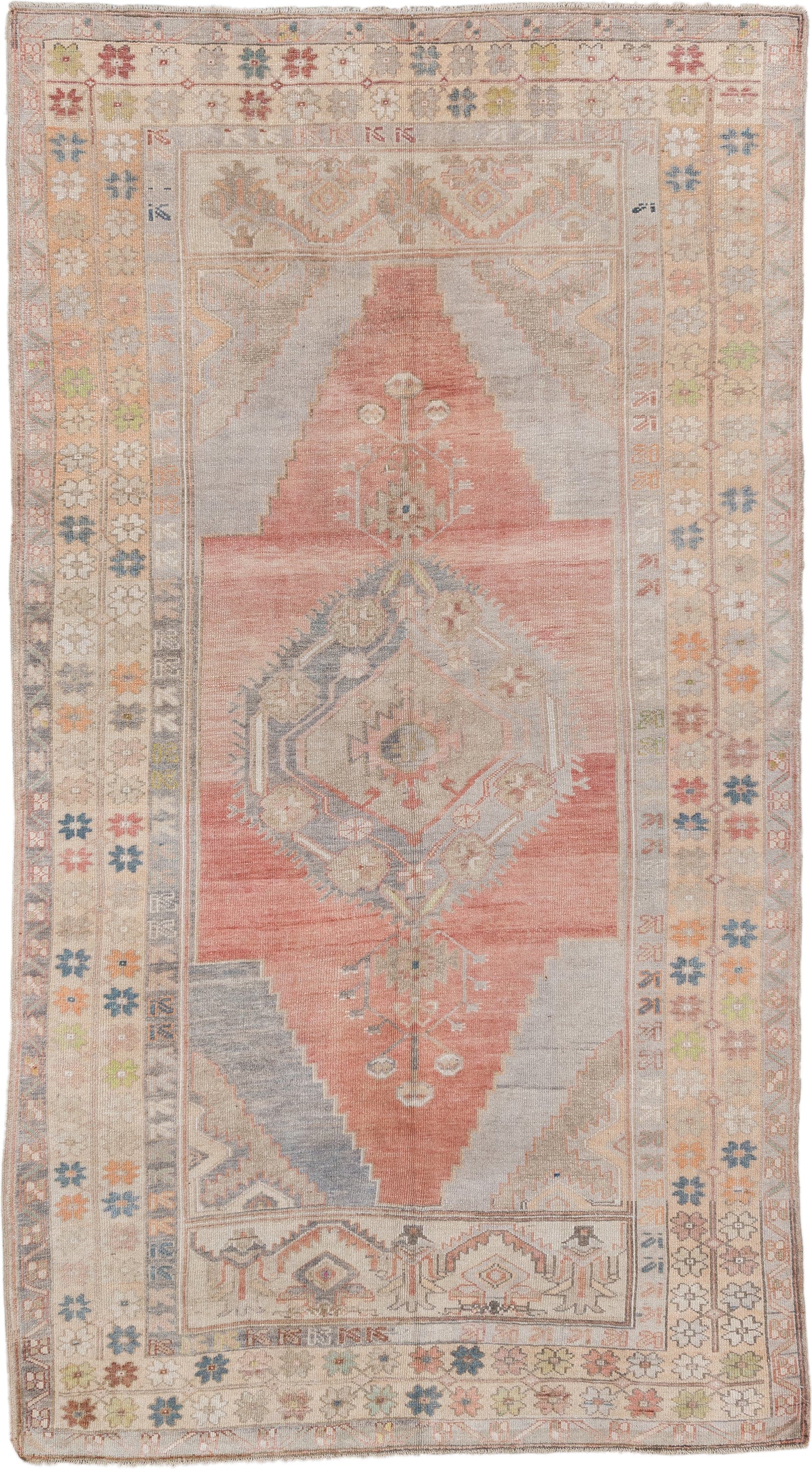 5' x 9' one-of-a-kind handmade antique Anatolian medium size rug. Color palette: ivory, coral, taupe, slate, sage, ochre
