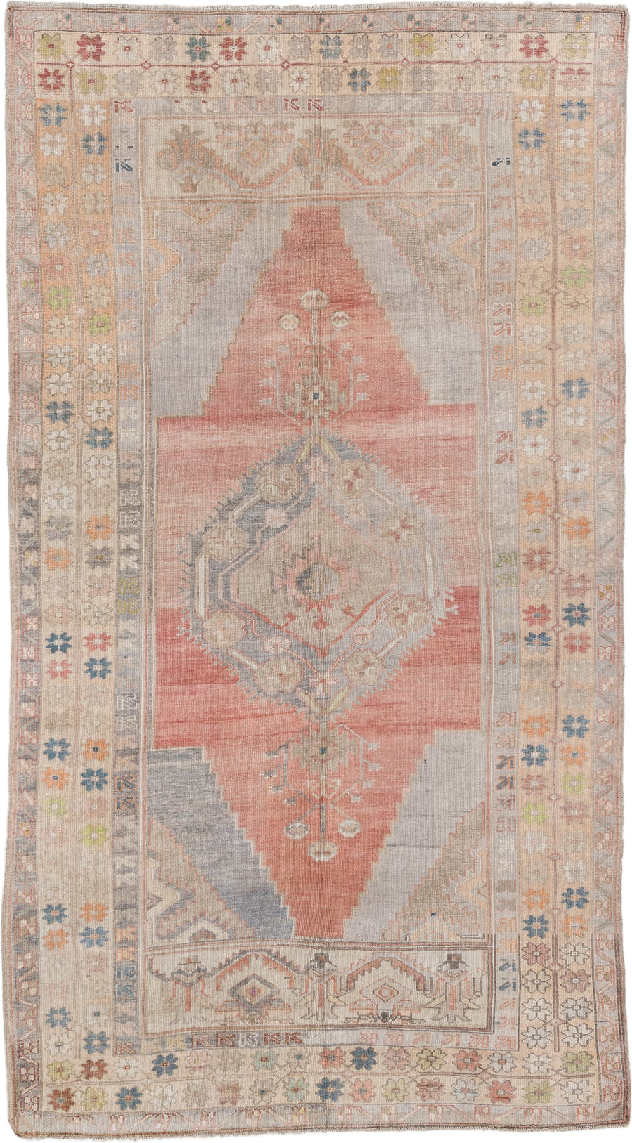 5' x 9' one-of-a-kind handmade antique Anatolian medium size rug. Color palette: ivory, coral, taupe, slate, sage, ochre