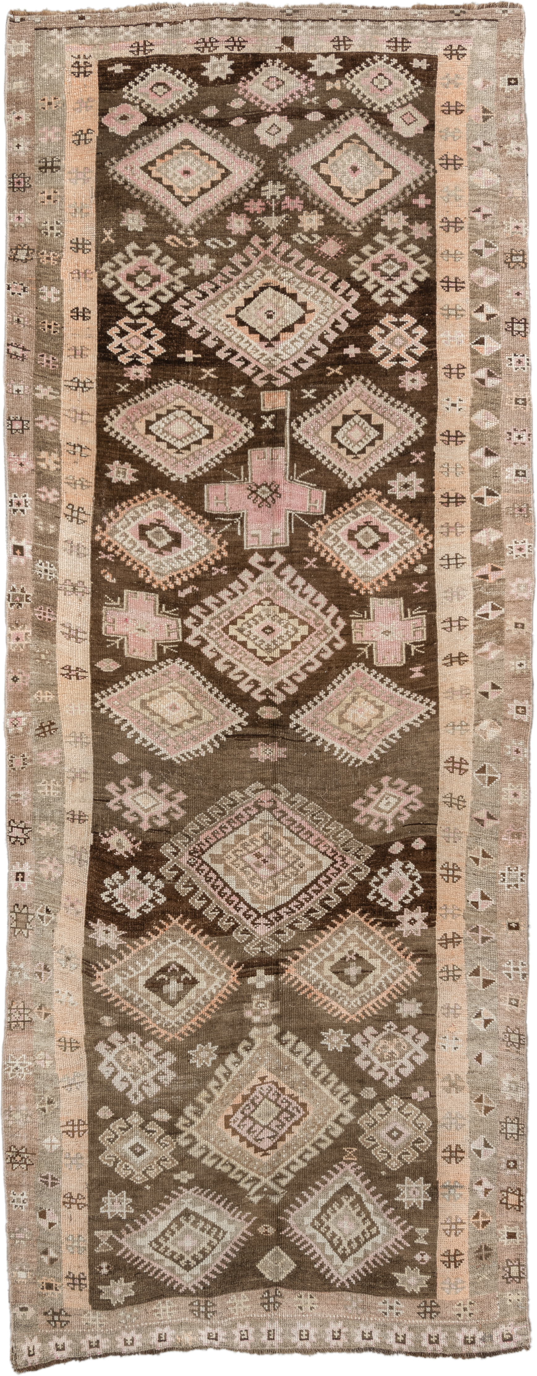 4' x 11' one-of-a-kind handmade vintage Kars runner rug. Color palette: brown, taupe, ivory, blush, beige, camel, charcoal