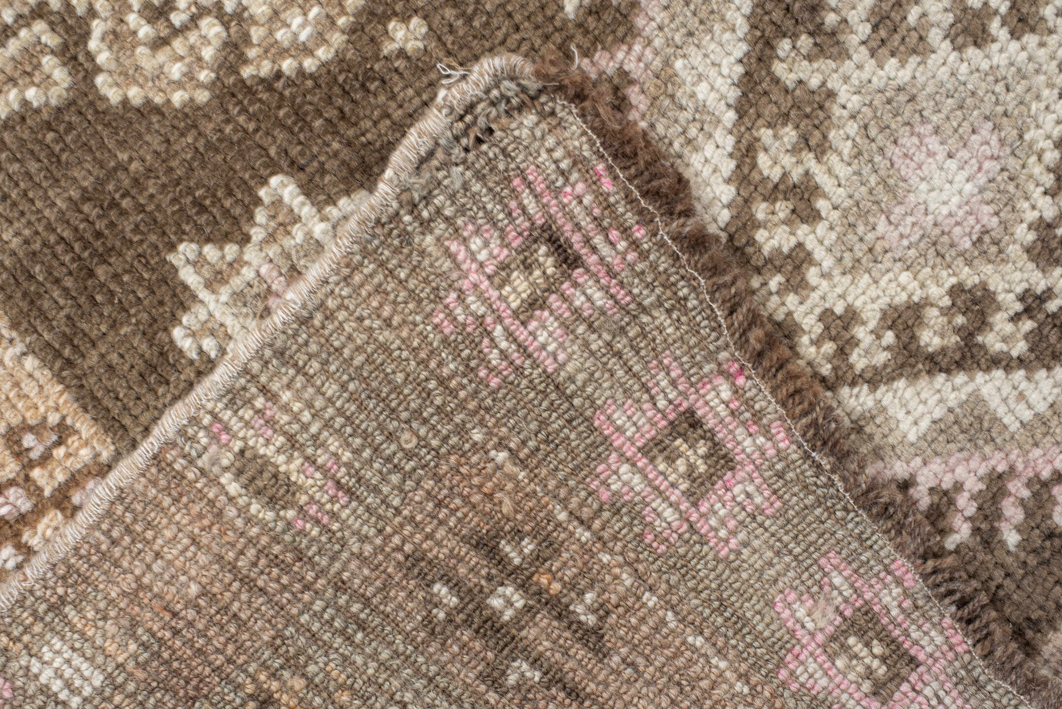 4' x 11' one-of-a-kind handmade vintage Kars runner rug. Color palette: brown, taupe, ivory, blush, beige, camel, charcoal
