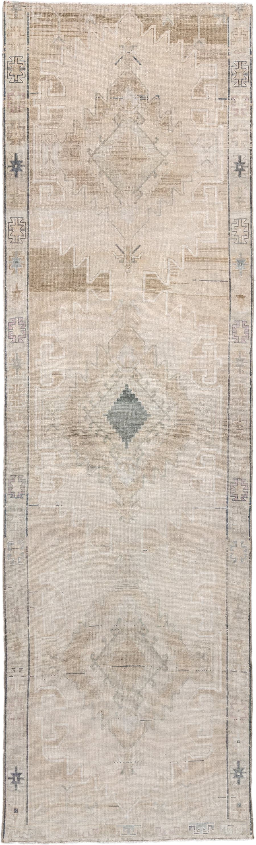 3' x 11' one-of-a-kind handmade antique Anatolian runner rug. Color palette: ivory, beige, taupe, sand, pale blue, greige