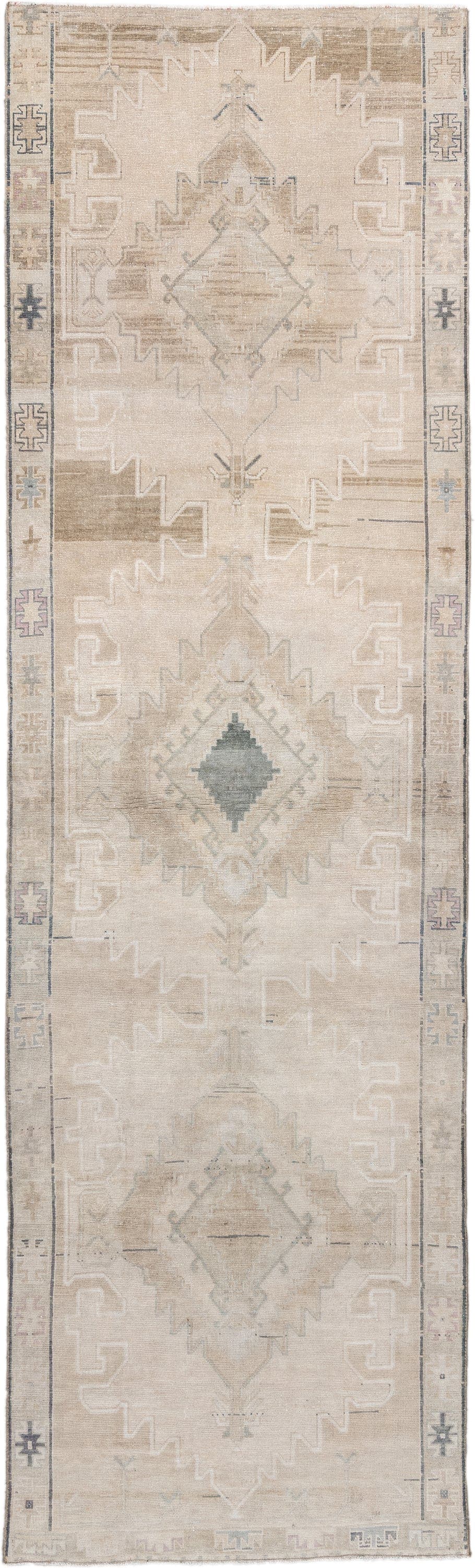 3' x 11' one-of-a-kind handmade antique Anatolian runner rug. Color palette: ivory, beige, taupe, sand, pale blue, greige