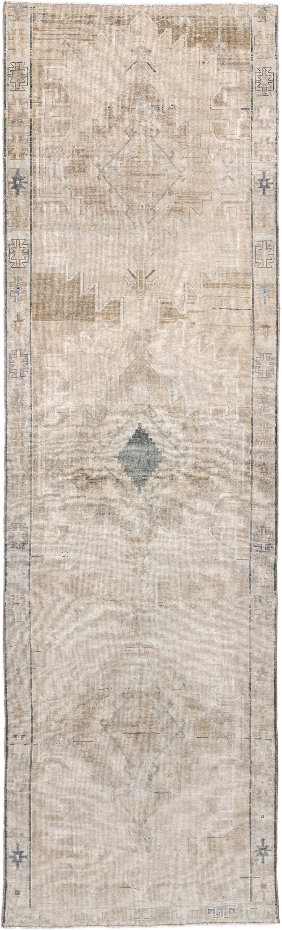 3' x 11' one-of-a-kind handmade antique Anatolian runner rug. Color palette: ivory, beige, taupe, sand, pale blue, greige