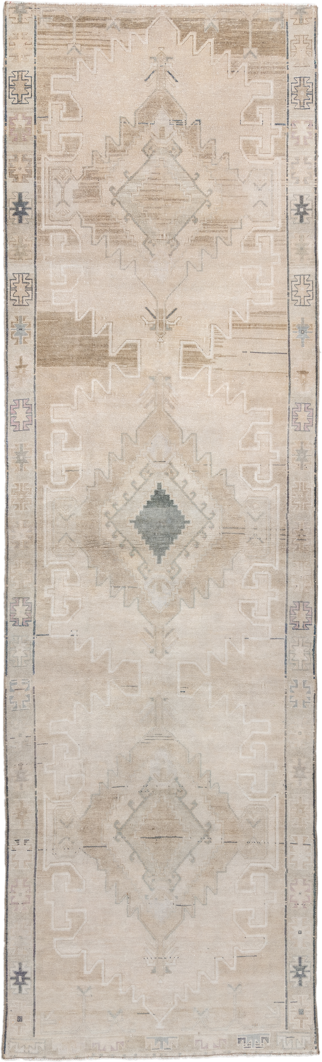 3' x 11' one-of-a-kind handmade antique Anatolian runner rug. Color palette: ivory, beige, taupe, sand, pale blue, greige